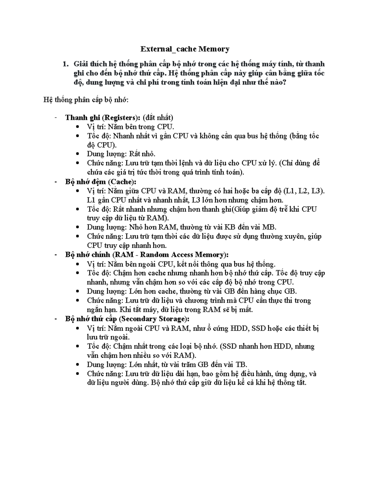 Bộ nhớ Cache và Hệ thống Phân cấp Bộ Nhớ trong Máy Tính - Studocu