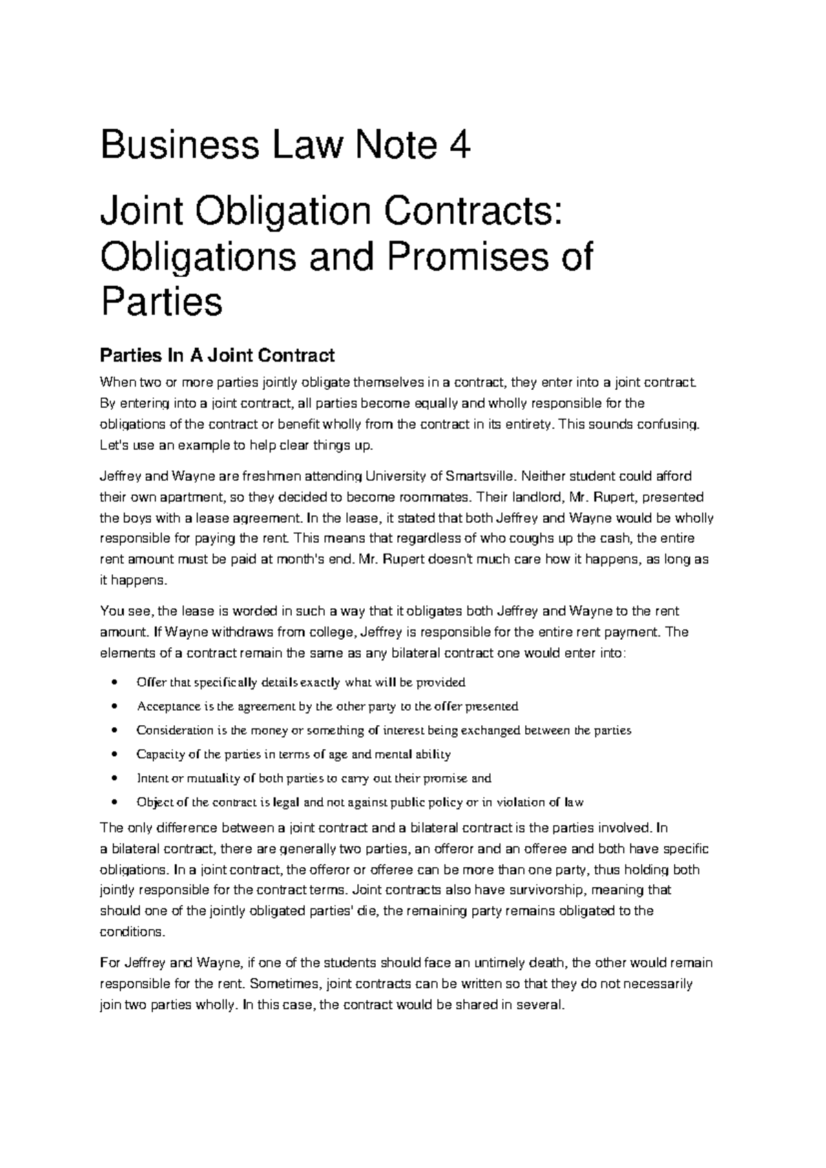 Business Law Note 4: Understanding Joint Obligation Contracts - Studocu