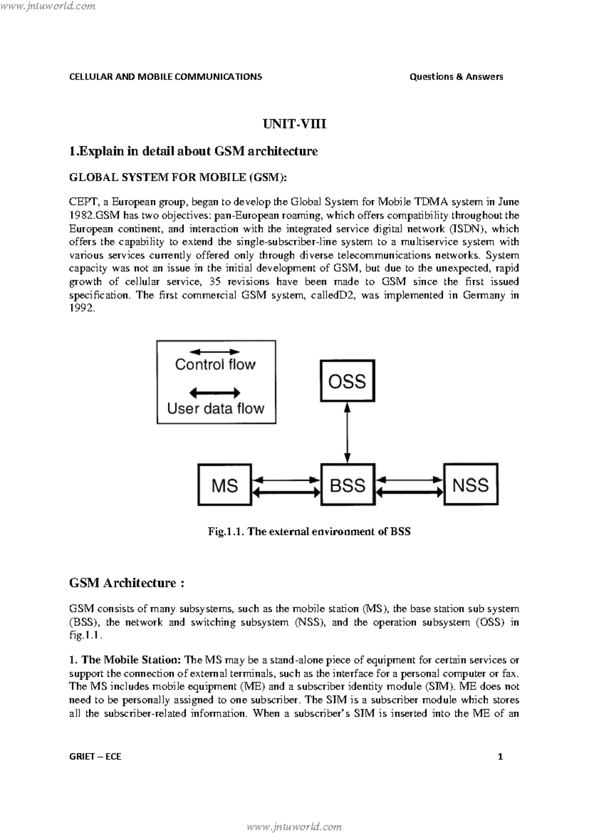 GRIET ECE 1 CELLULAR AND MOBILE COMMUNICATIONS Unit 8 Notes and Q&A ...