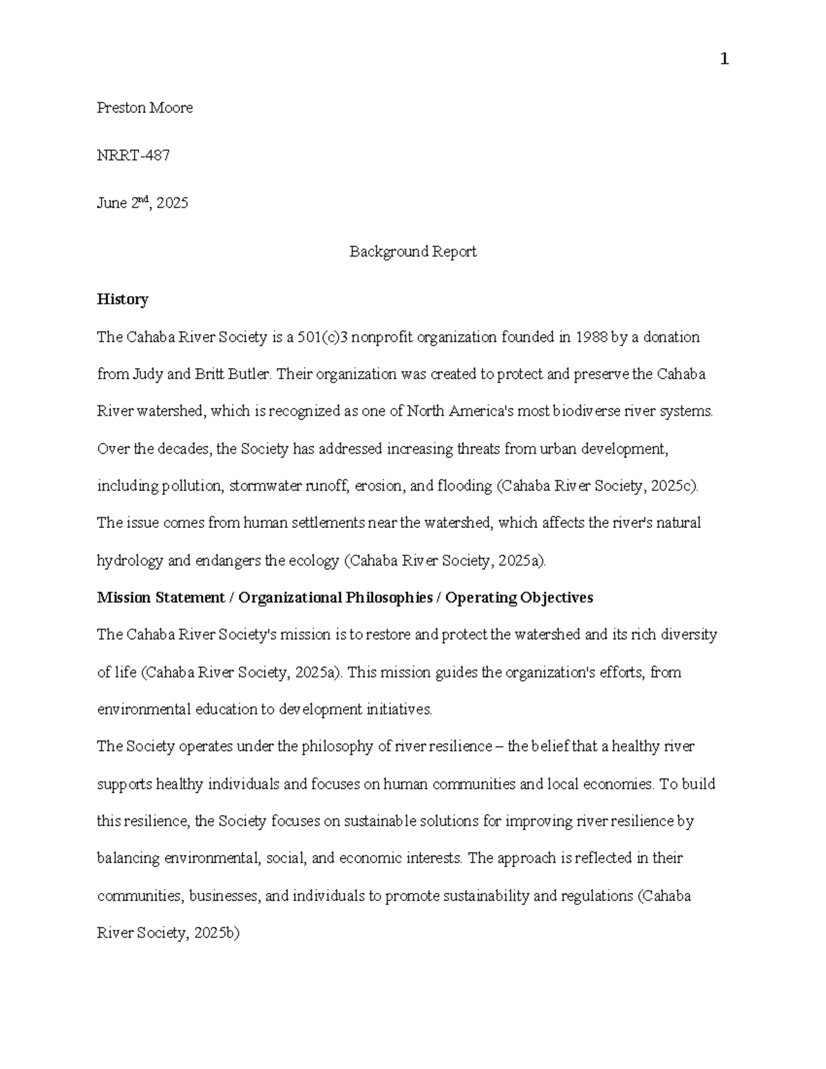 NRRT 487: Internship Background Report on Cahaba River Society - Studocu