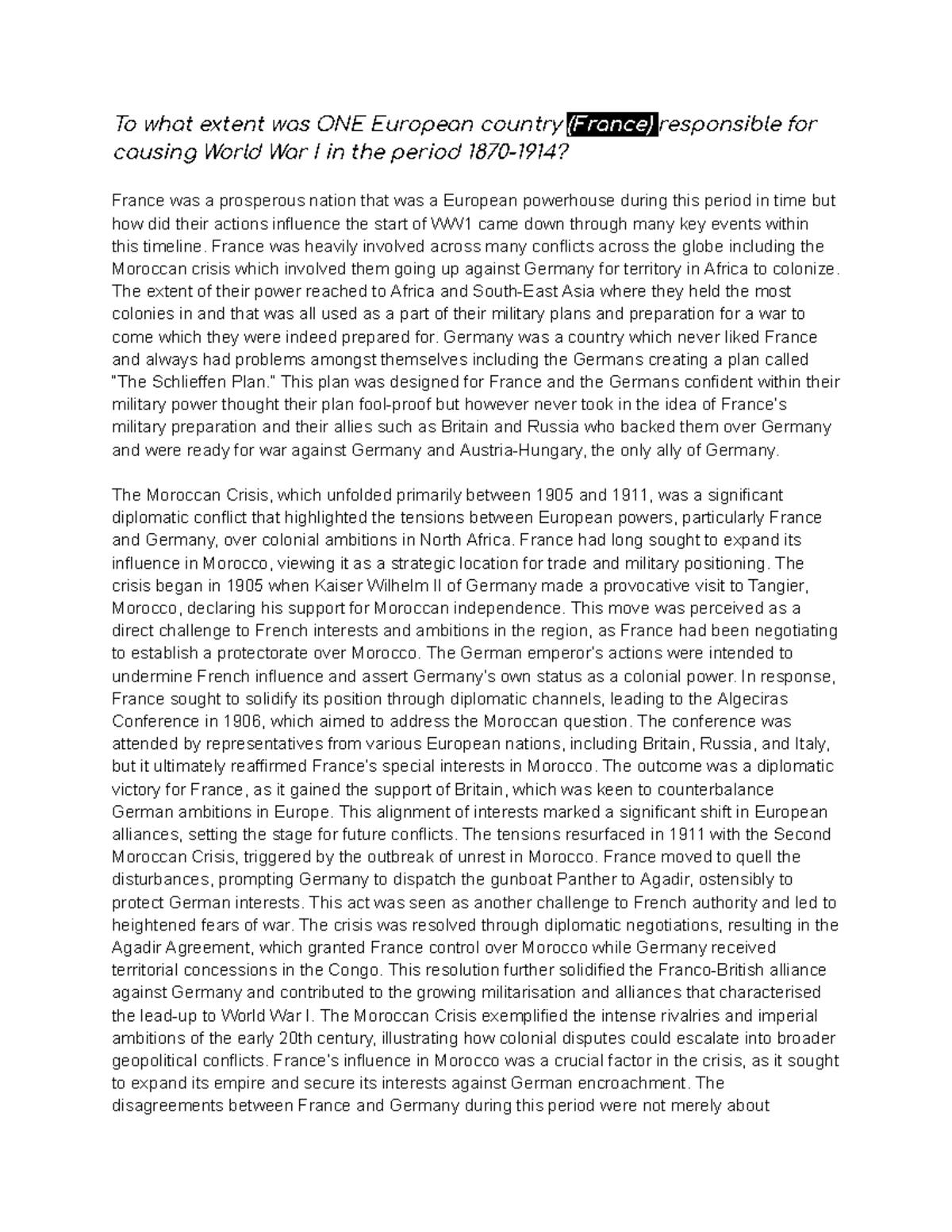 Modern History Essay: France's Role in Causing WWI - Studocu