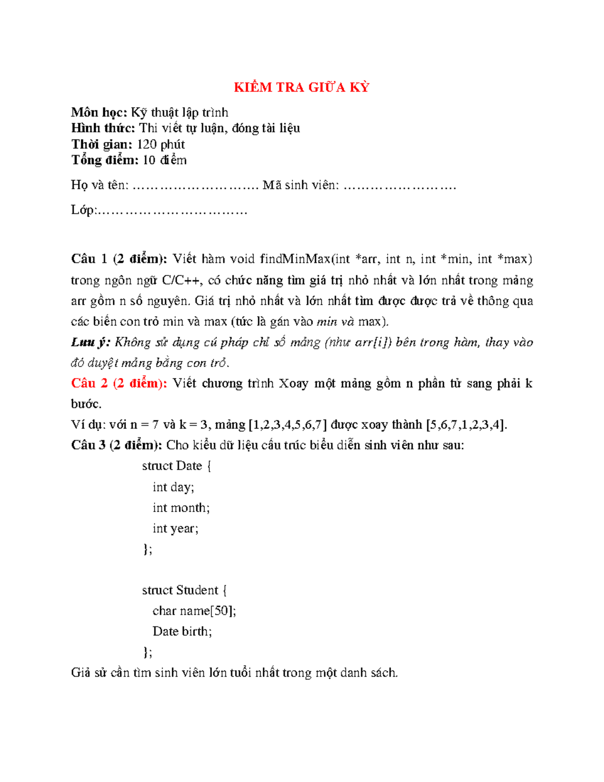 Đề Thi Giữa Kỳ Môn Kỹ Thuật Lập Trình (C C++) - Tự Luận - Studocu