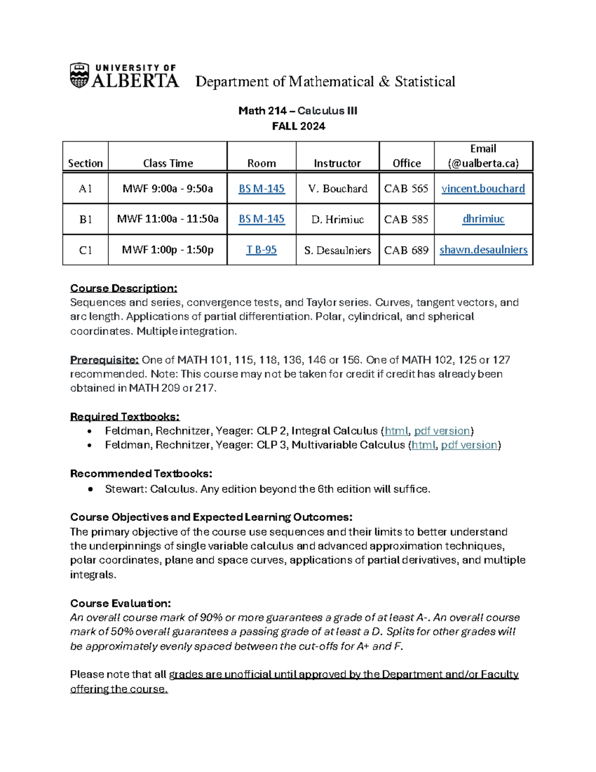MATH 214 Calculus Course Outline - Fall 2024 - Studocu