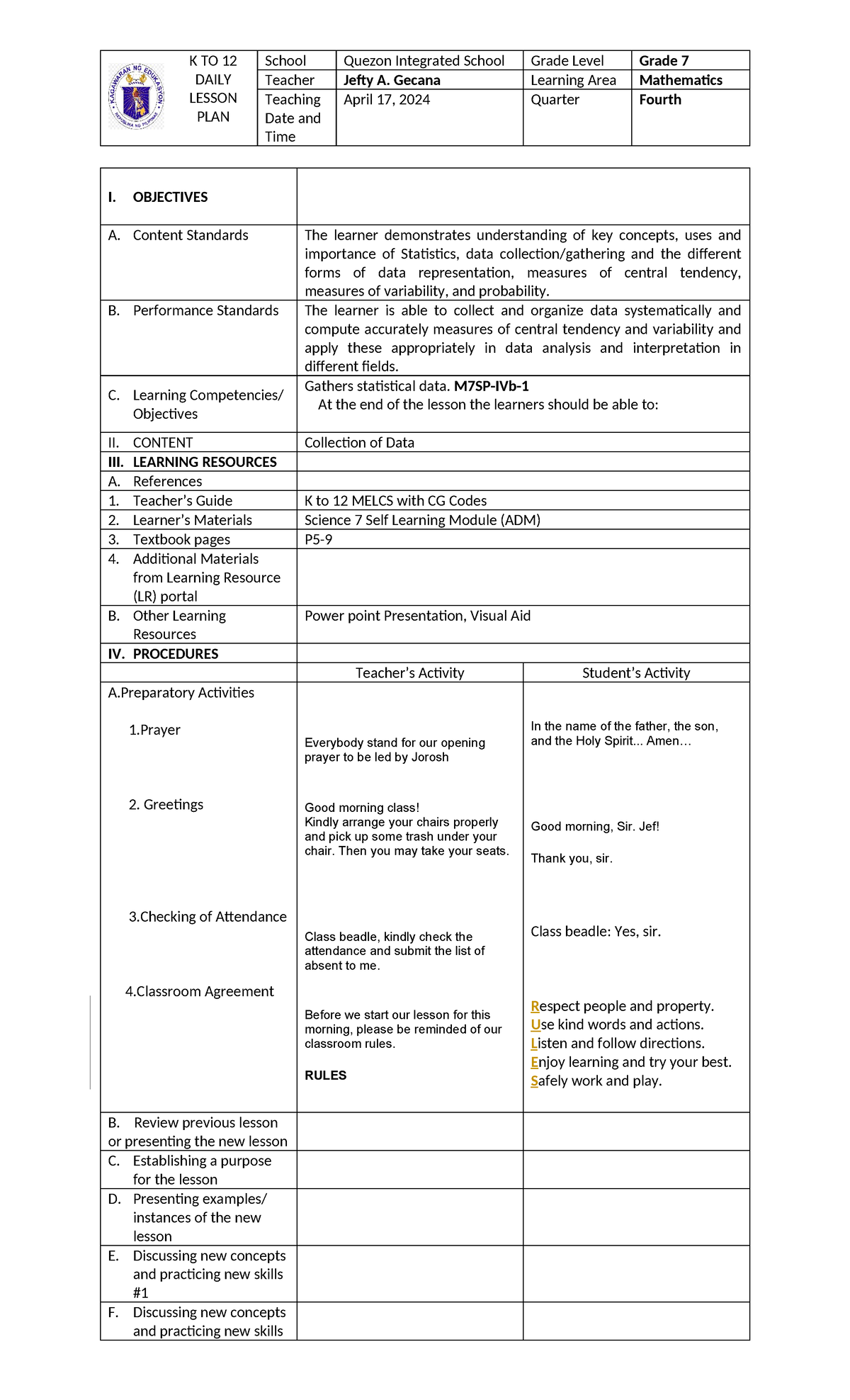 Grade 7 Math - K to 12 Daily Lesson Plan (April 17, 2024) - Studocu