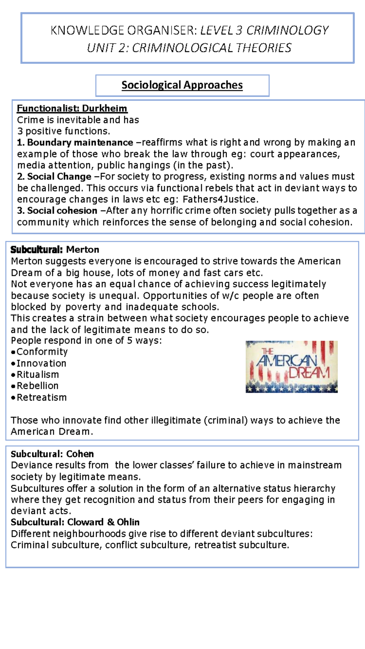 Knowledge organiser: WJEC L3 criminology unit 2 revision notes on ...