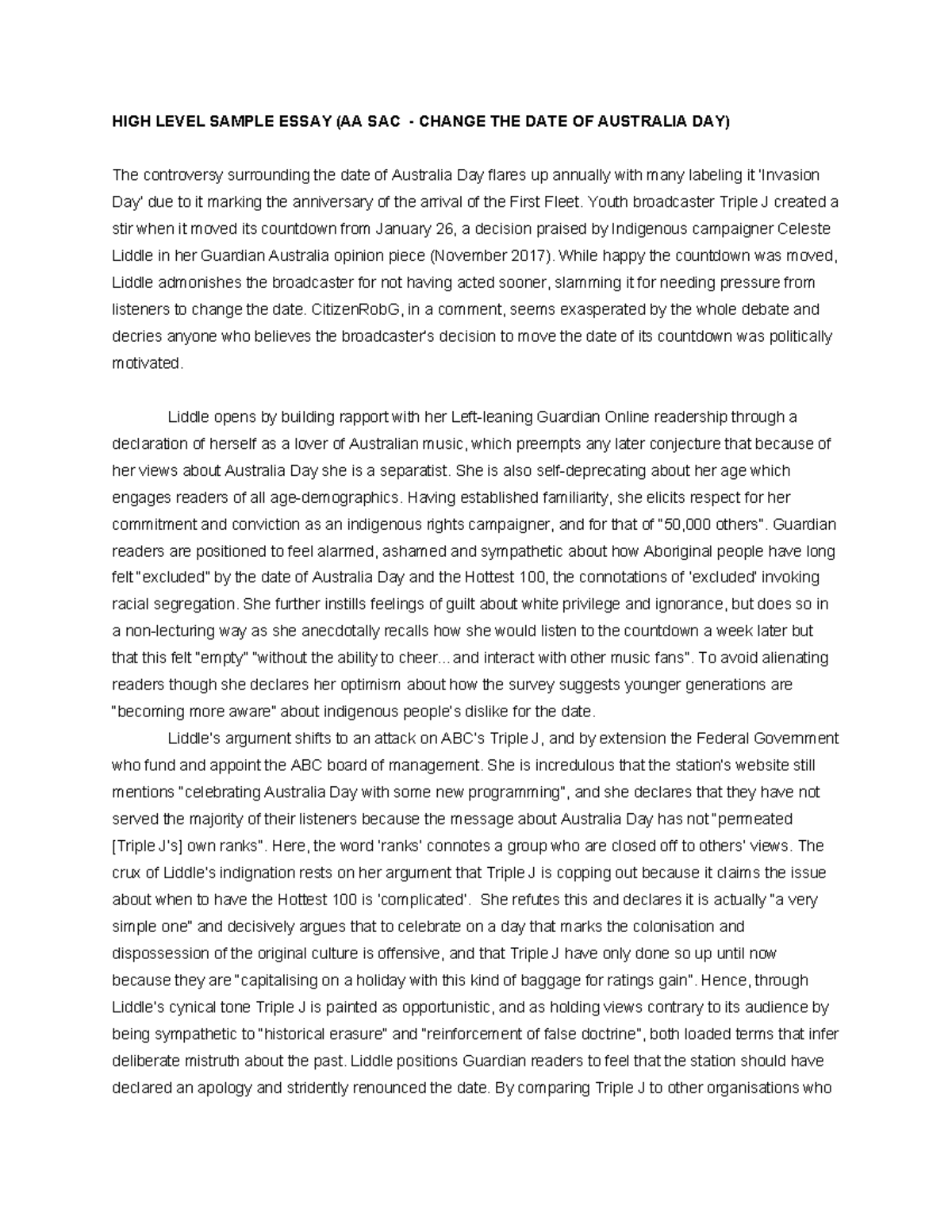 AA Sample Essay: Changing the Date of Australia Day (2018 SAC) - Studocu