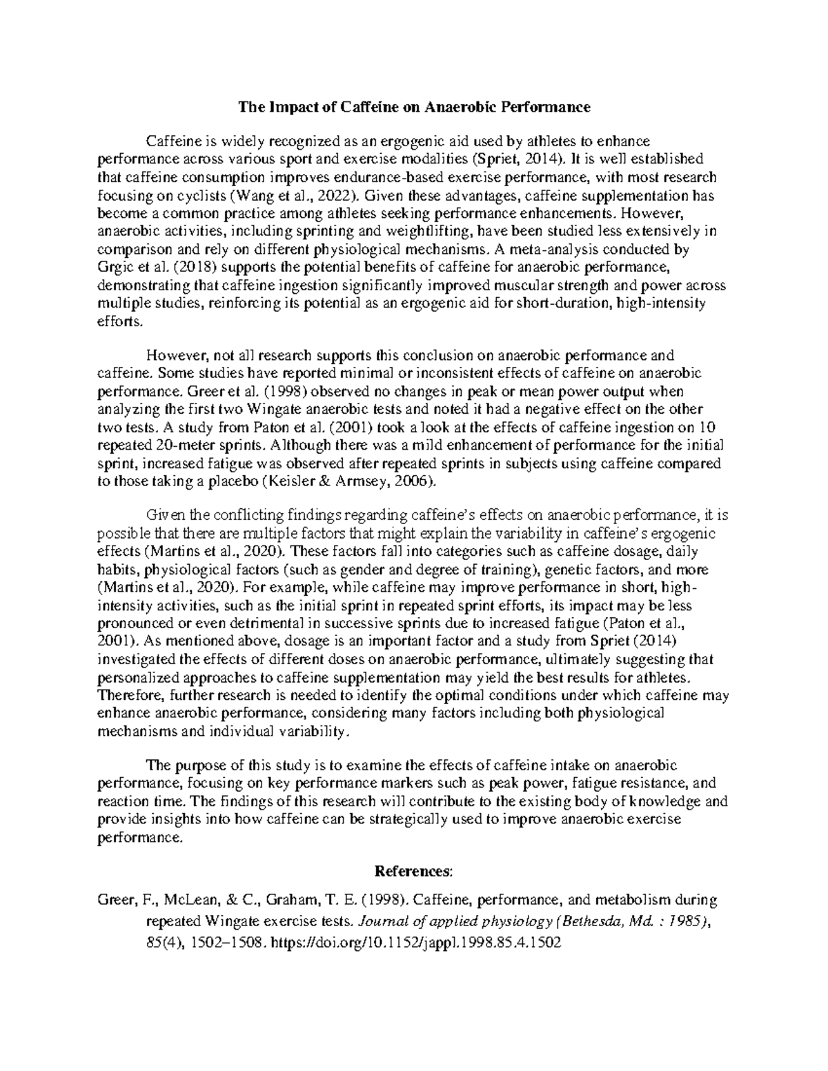 The Effects of Caffeine on Anaerobic Performance: Research Proposal ...