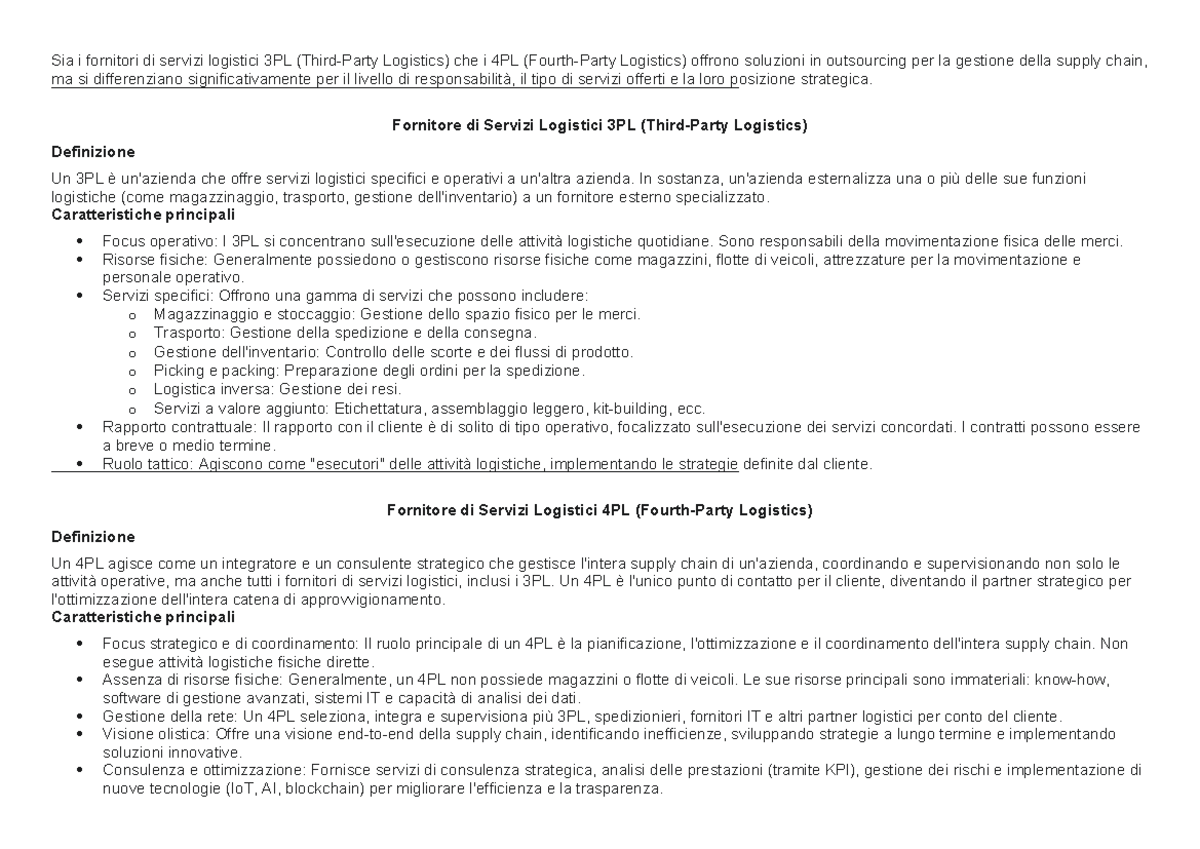 Fornitori di Servizi Logistici: Differenze tra 3PL e 4PL - Studocu