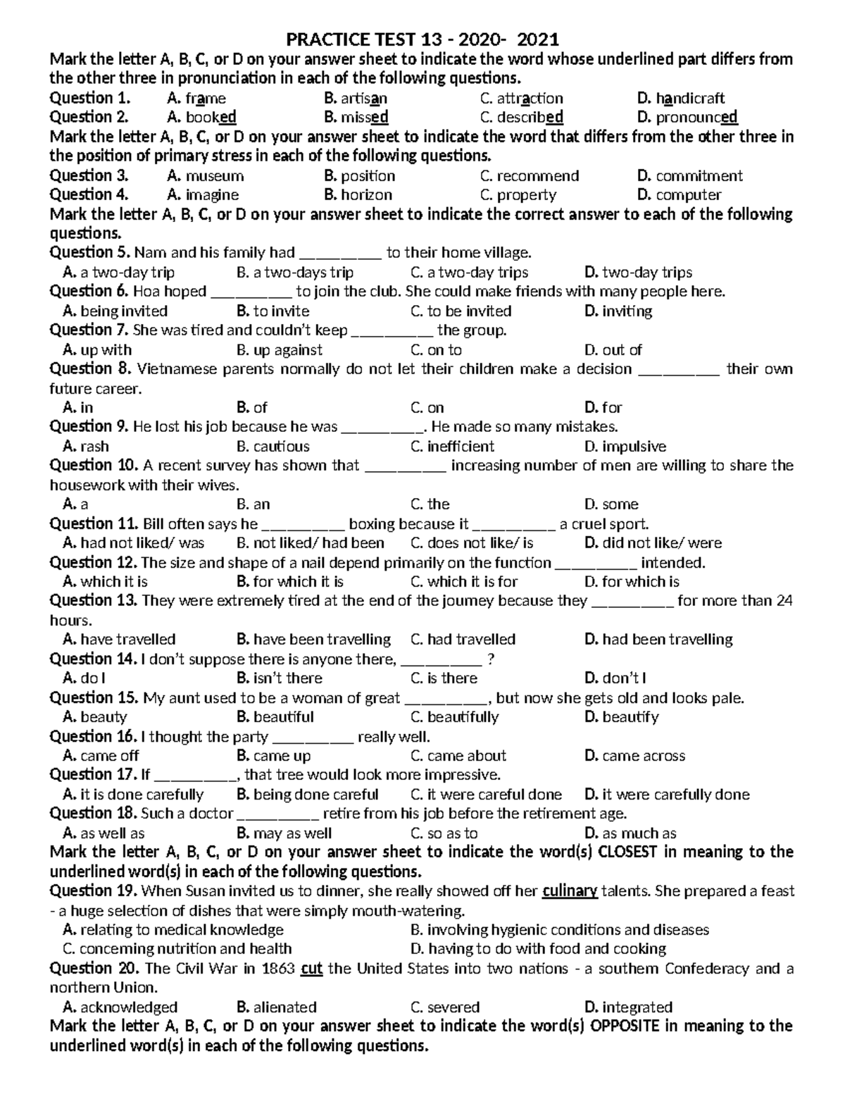 Practice TEST 13 - Tiếng Anh Exam Questions and Answers - Studocu