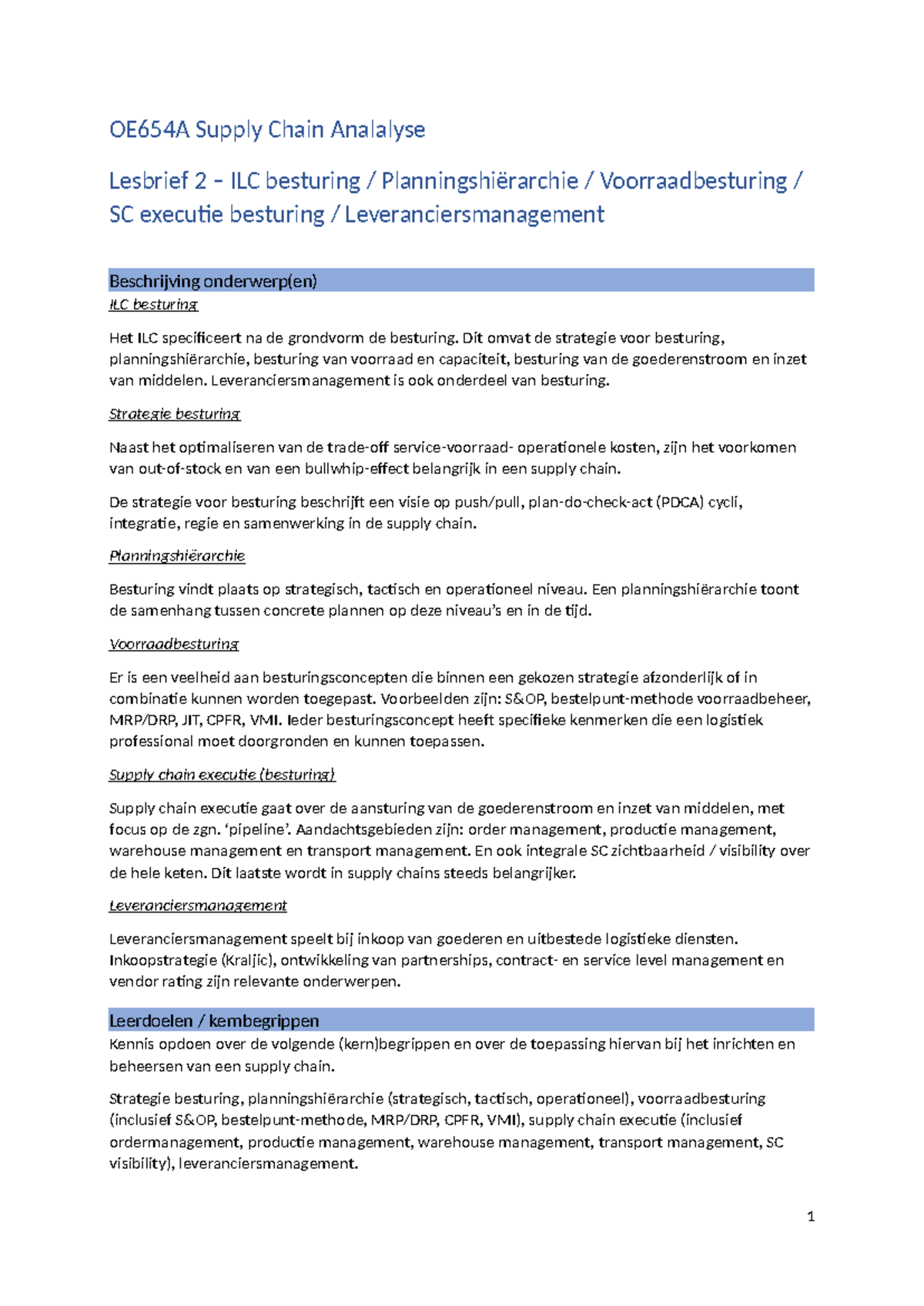 OE654A - Lesbrief 2: ILC Besturing en Supply Chain Strategieën ...