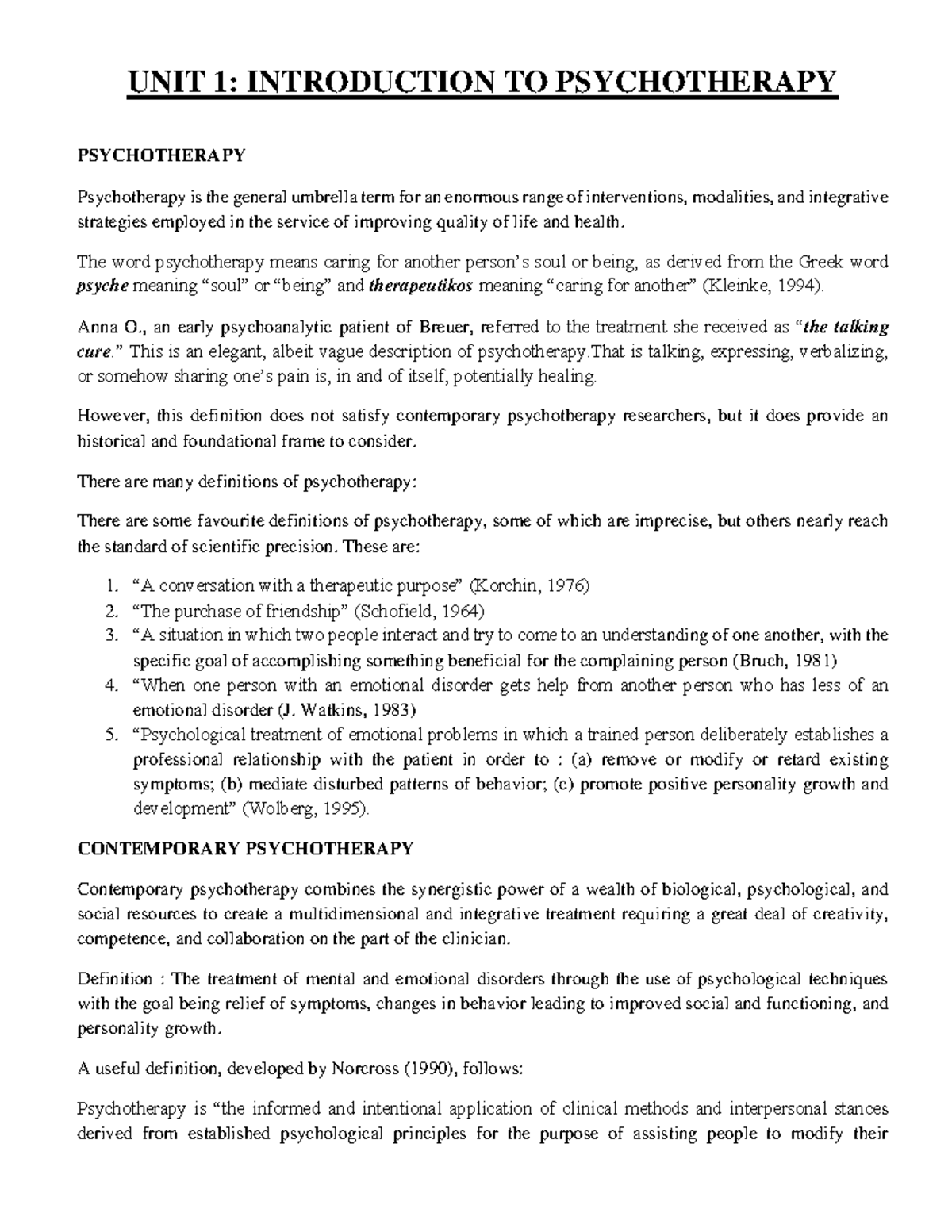 UNIT 1: Introduction to Psychotherapy - Key Concepts and Theories - Studocu