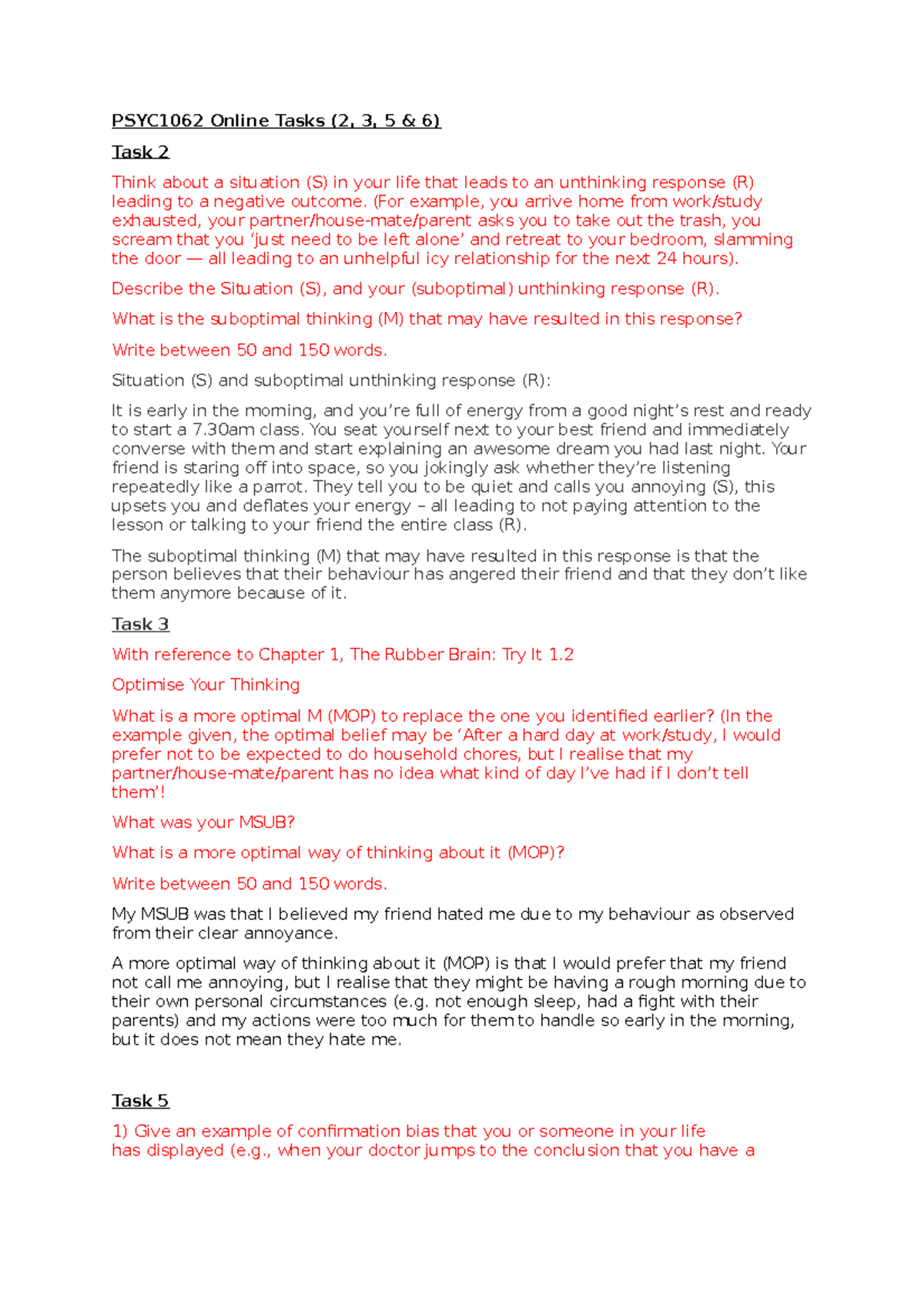 PSYC1062 Online Tasks on Unthinking Responses and Cognitive Biases ...