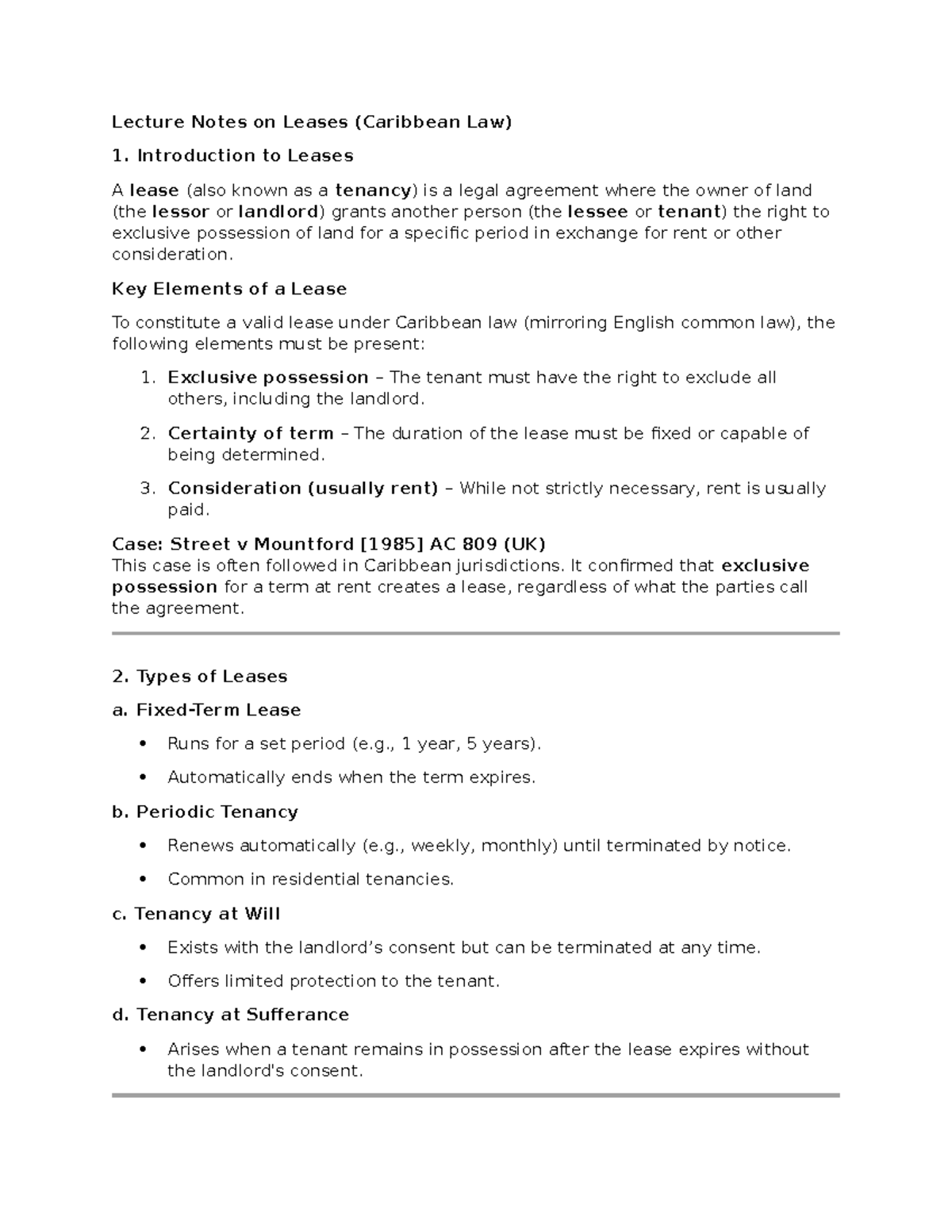 Lecture Notes on Leases (Caribbean Law) - Key Concepts & Cases - Studocu