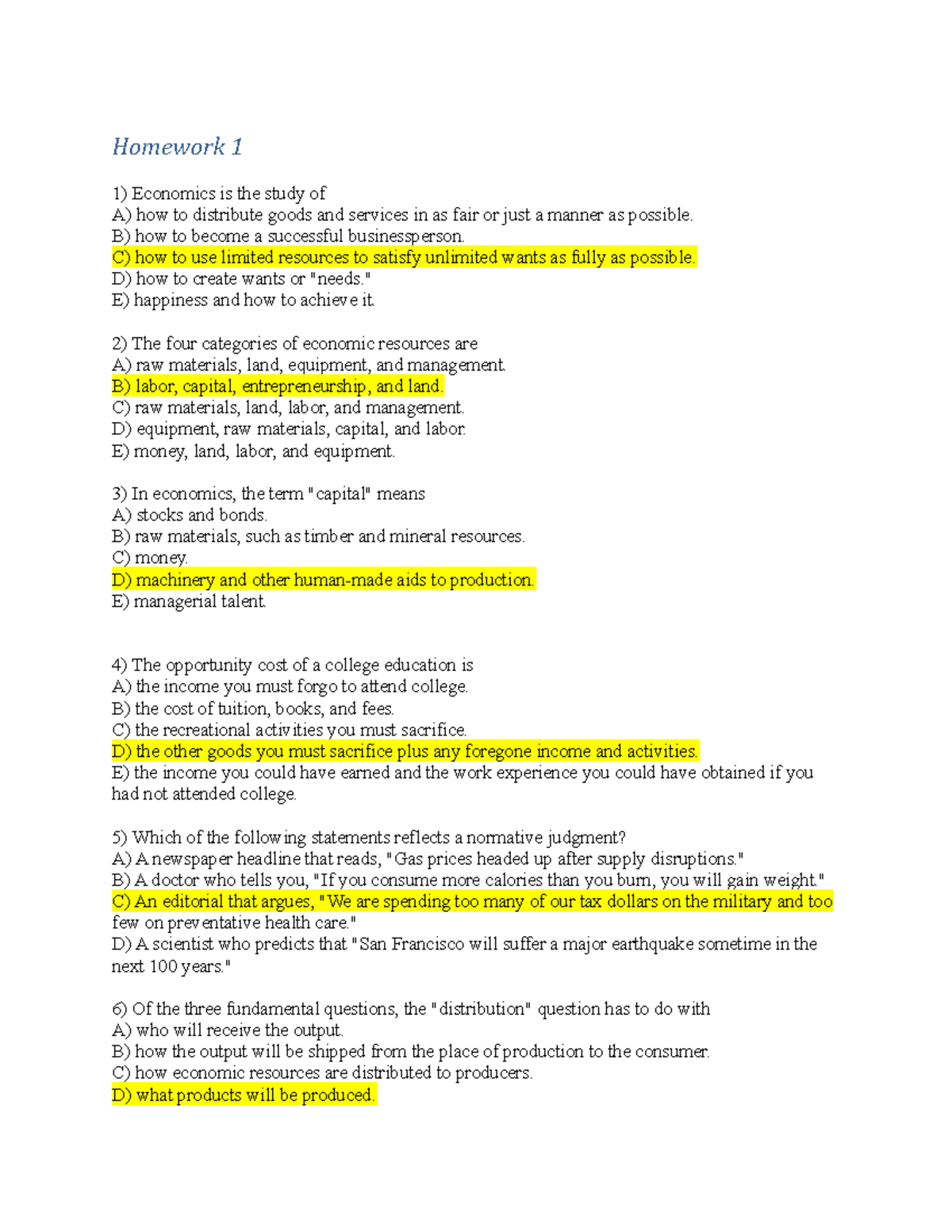 Homework 1 Review for Econ 1101: Key Concepts and Questions - Studocu