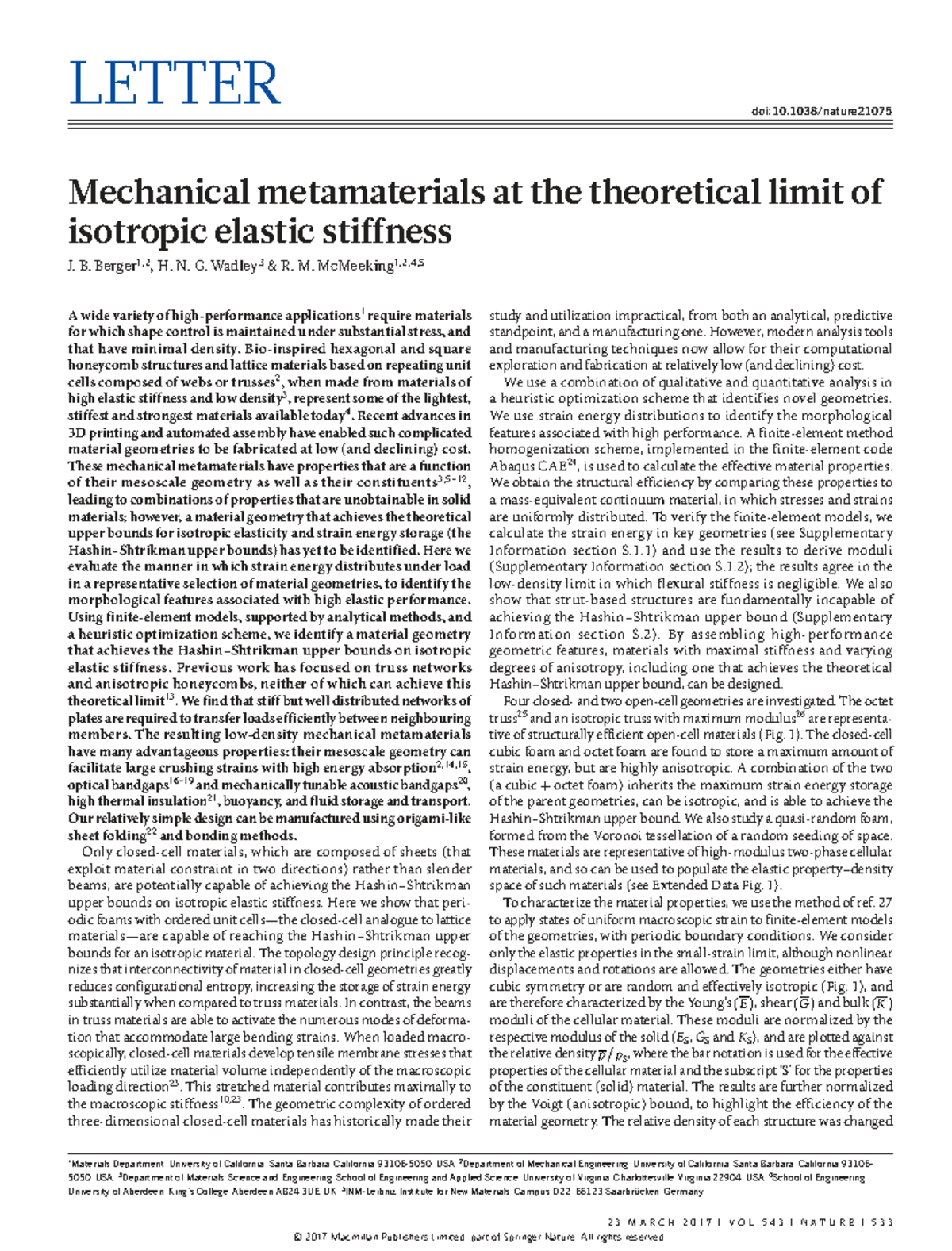 Letter: Achieving Theoretical Limits of Isotropic Elastic Stiffness in ...