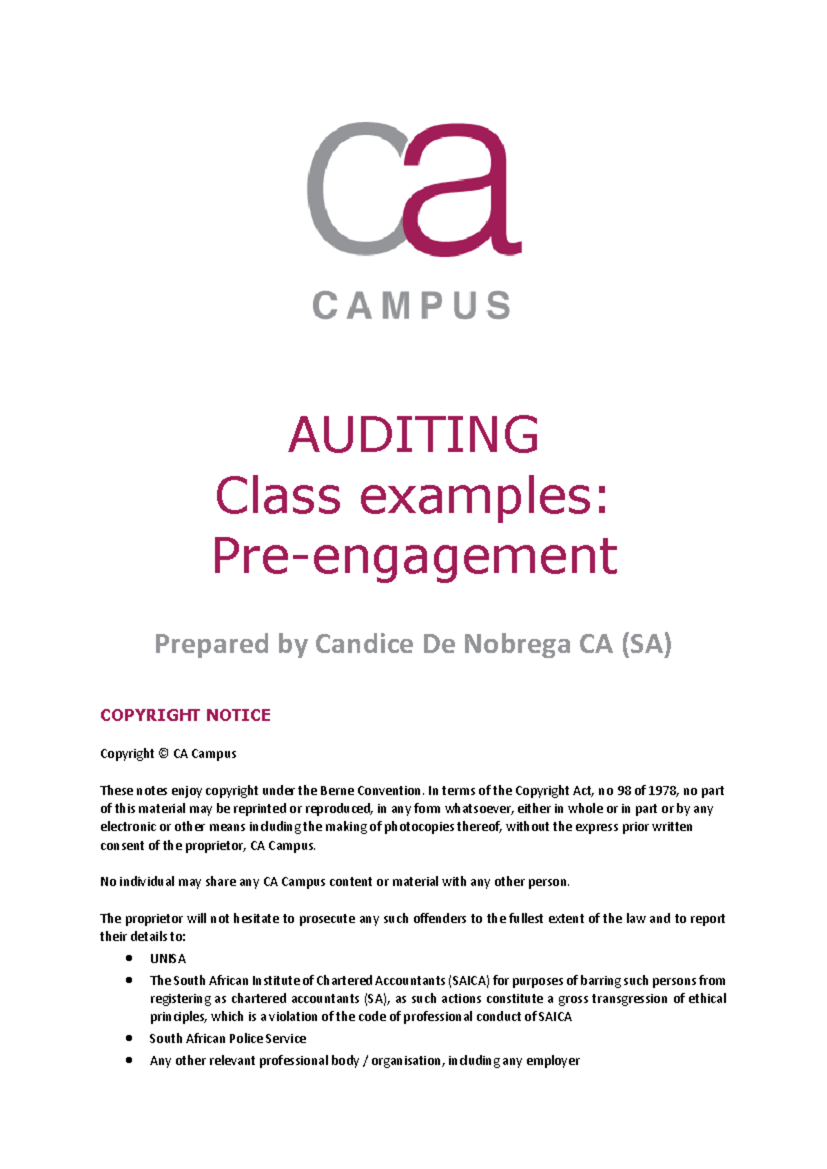AUDITING Class Examples & Solutions: Pre-engagement Insights - Studocu