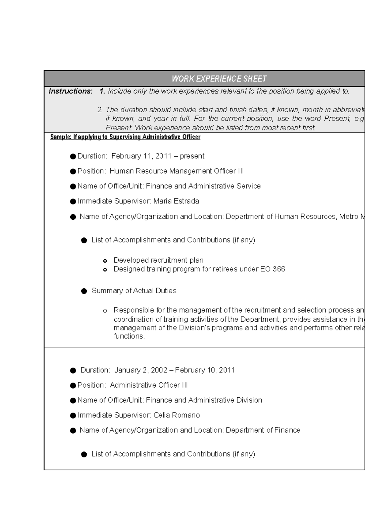 CS Form No. 212 Attachment: Work Experience Sheet Guidelines - Studocu