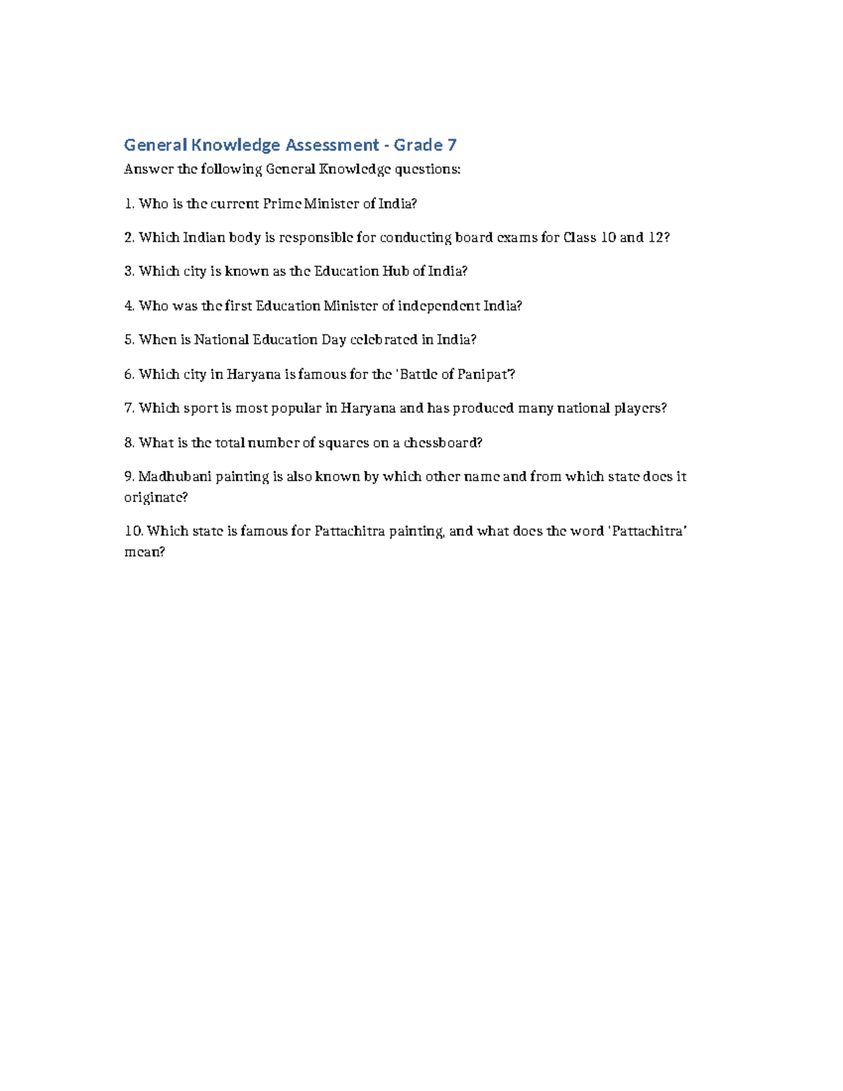 GK Assessment Grade 7: General Knowledge Questions - Studocu