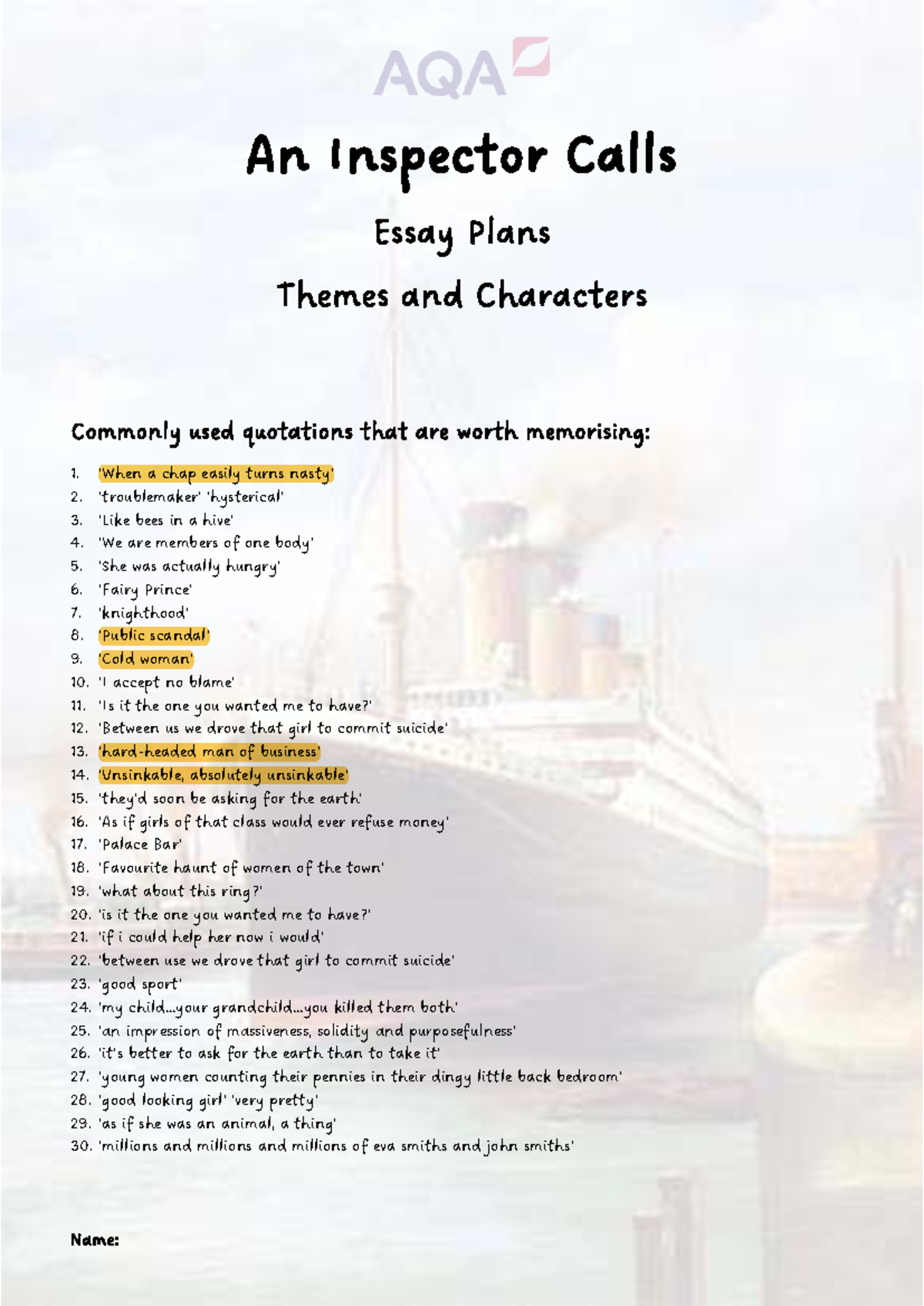 An Inspector Calls (AIC) Essay Plans: Themes, Characters & Key Quotes ...