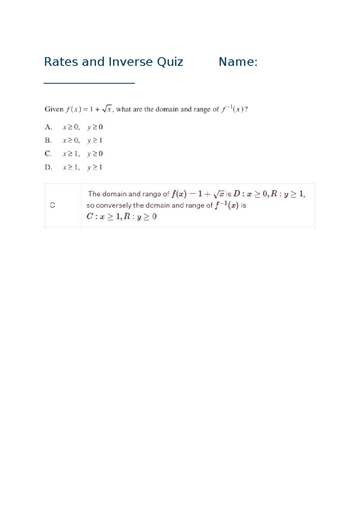 Rates and Inverse Functions Quiz Solutions (MATH 101) - Studocu