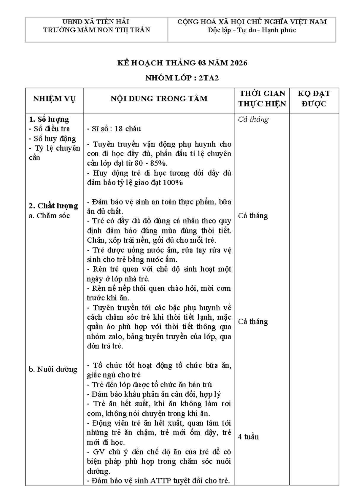 Kế Hoạch Tháng 03 Năm 2026 Lớp 2TA2 Tại Trường Mầm Non - Studocu