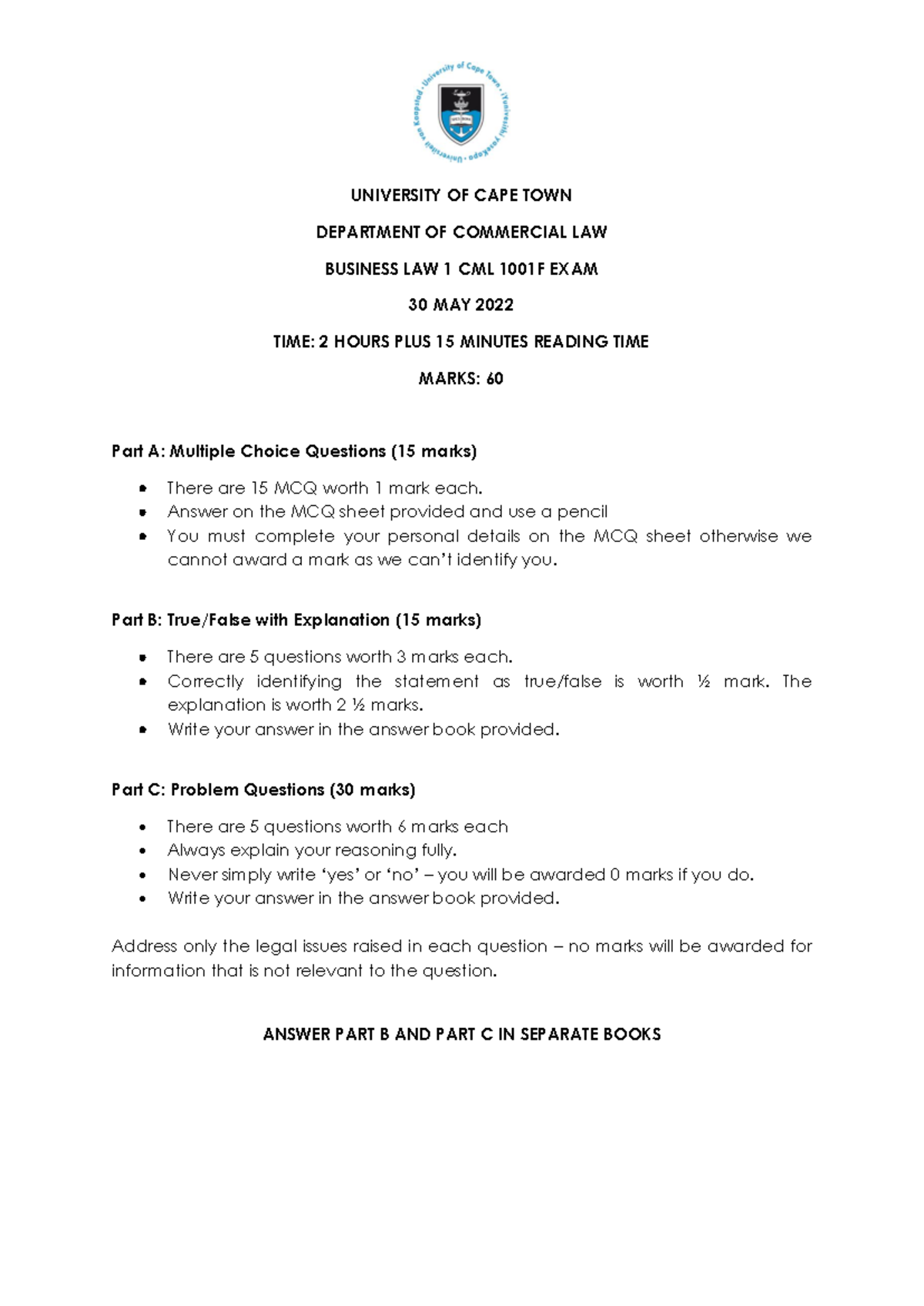 CML 1001F Final Exam 2022 - Business Law Overview and Questions - Studocu