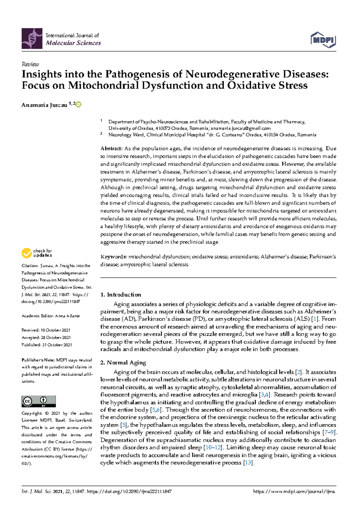 Insights into Mitochondrial Dysfunction in Neurodegenerative Diseases ...