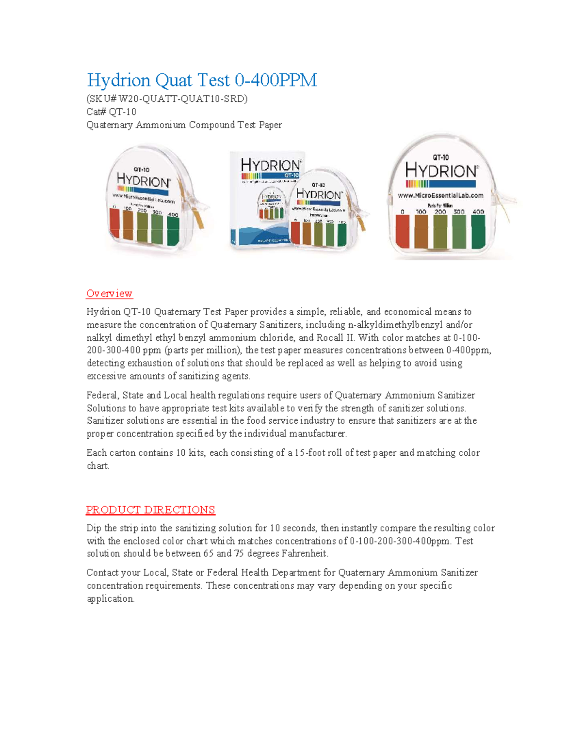 Hydrion Quat Check (QT-10) Overview of Quaternary Ammonium Testing ...