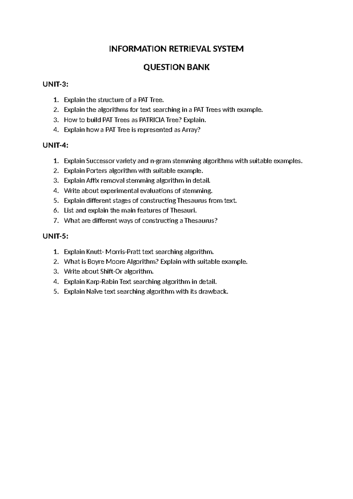 IRS Question Bank Midterm: PAT Trees & Stemming Algorithms - Studocu