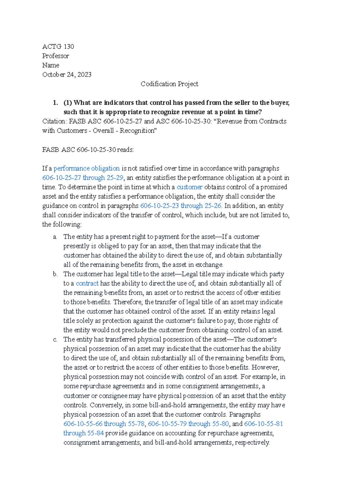 ACTG 130 Codification Project: Revenue Recognition & R&D Costs - Studocu