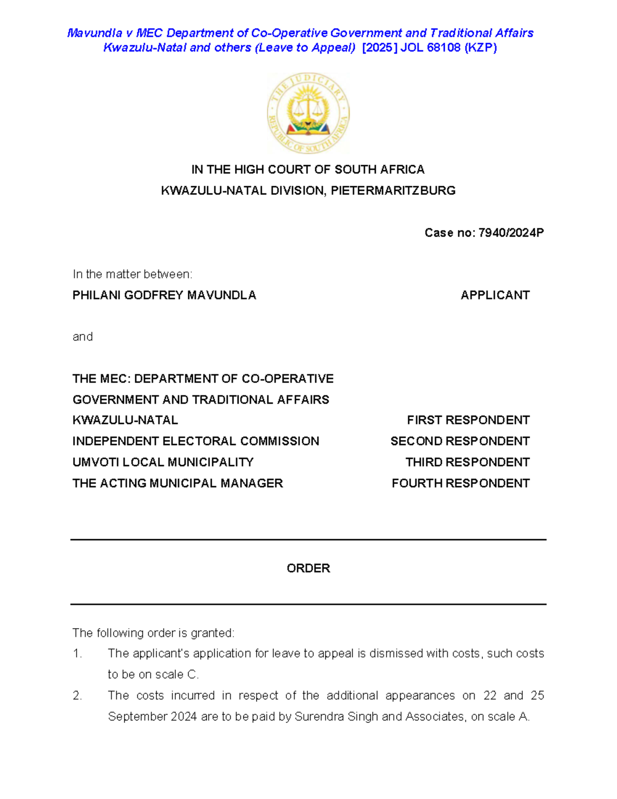 Mavundla v MEC: Department of Co-Operative Government & Traditional ...
