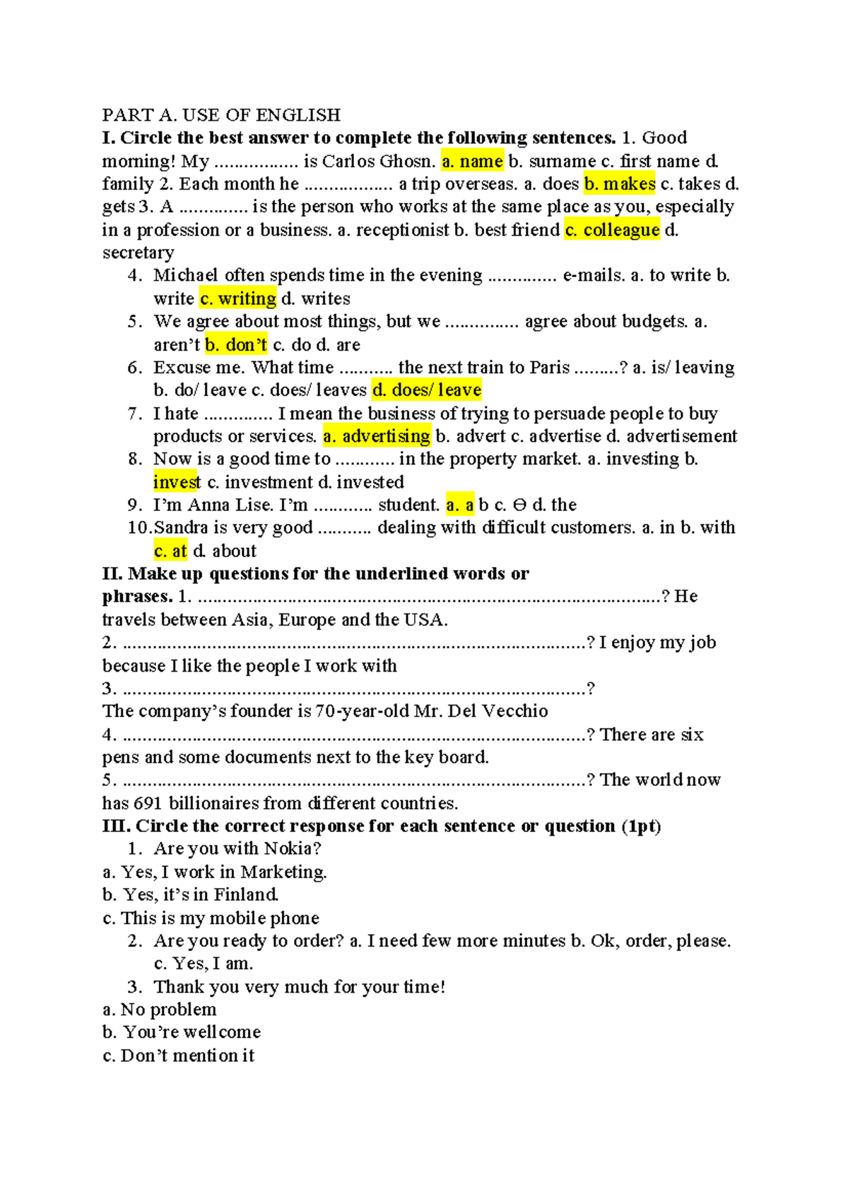 Use of English Exercises and Answers - English 101 - Part A - Studocu