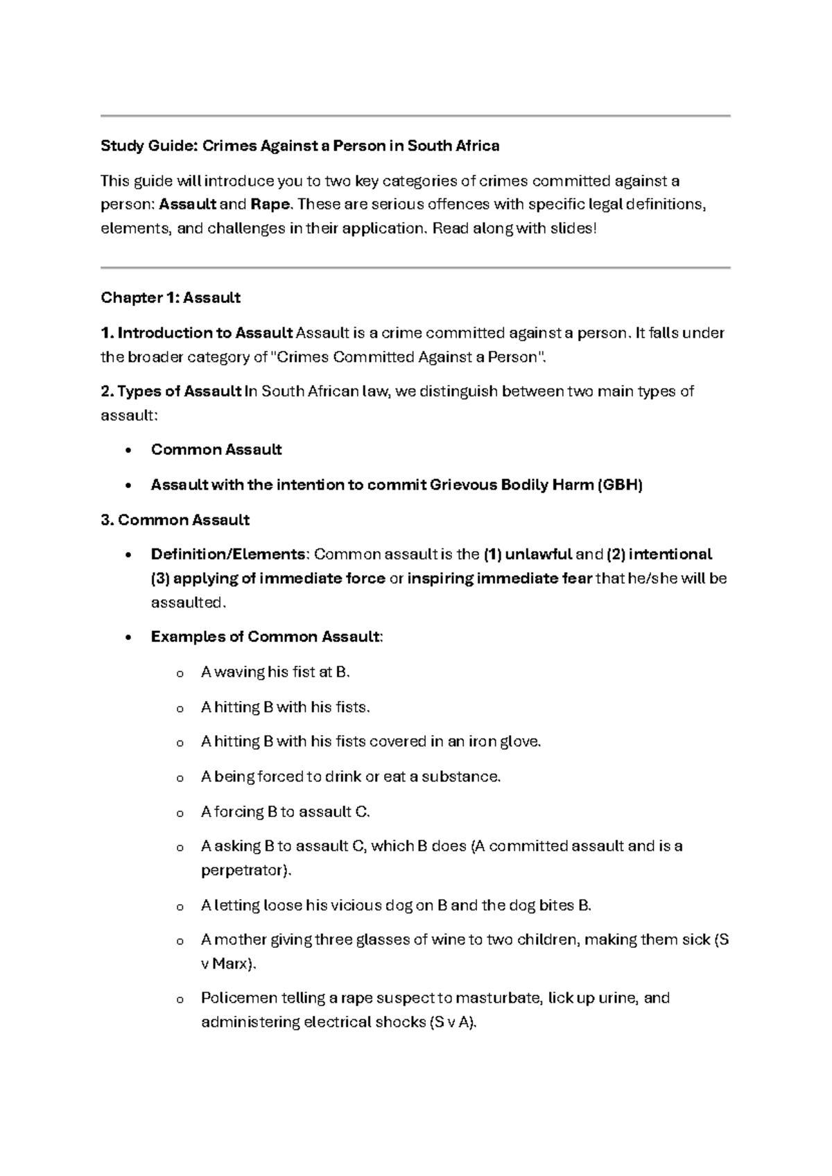 Study Guide: Assault & Rape Crimes in South Africa (LAW 101) - Studocu