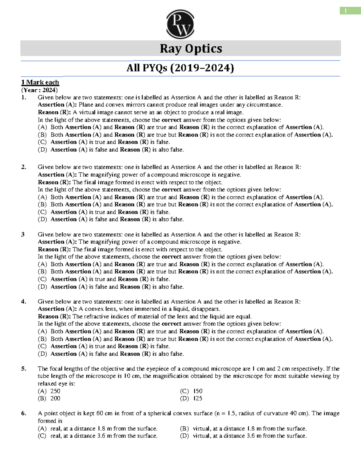 Ray Optics Board PYQs Lakshya NEET 2025 - Ray Optics All PYQs ( 2019 ...