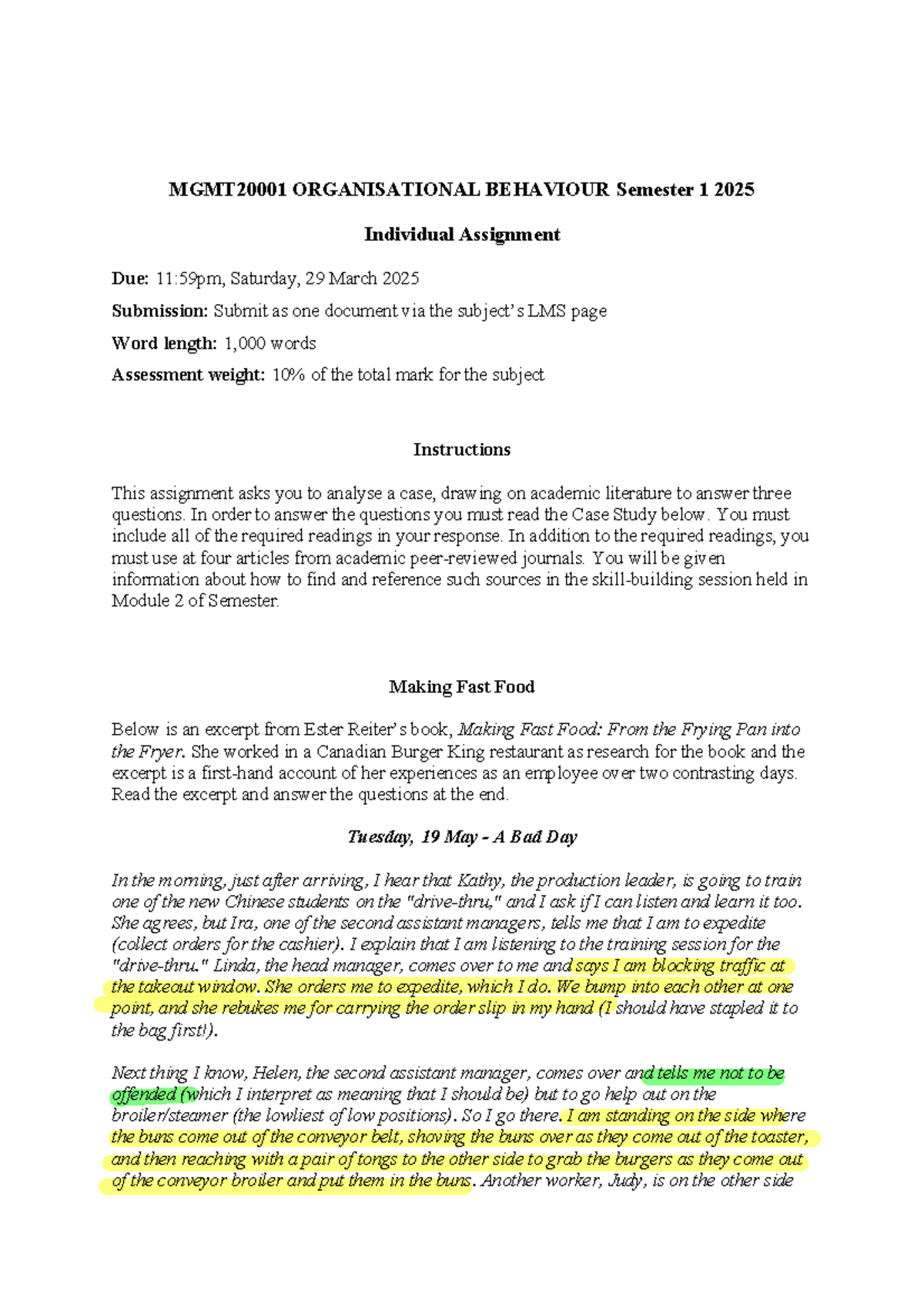 OB 101: Organisational Behaviour Individual Assignment - Case Study ...