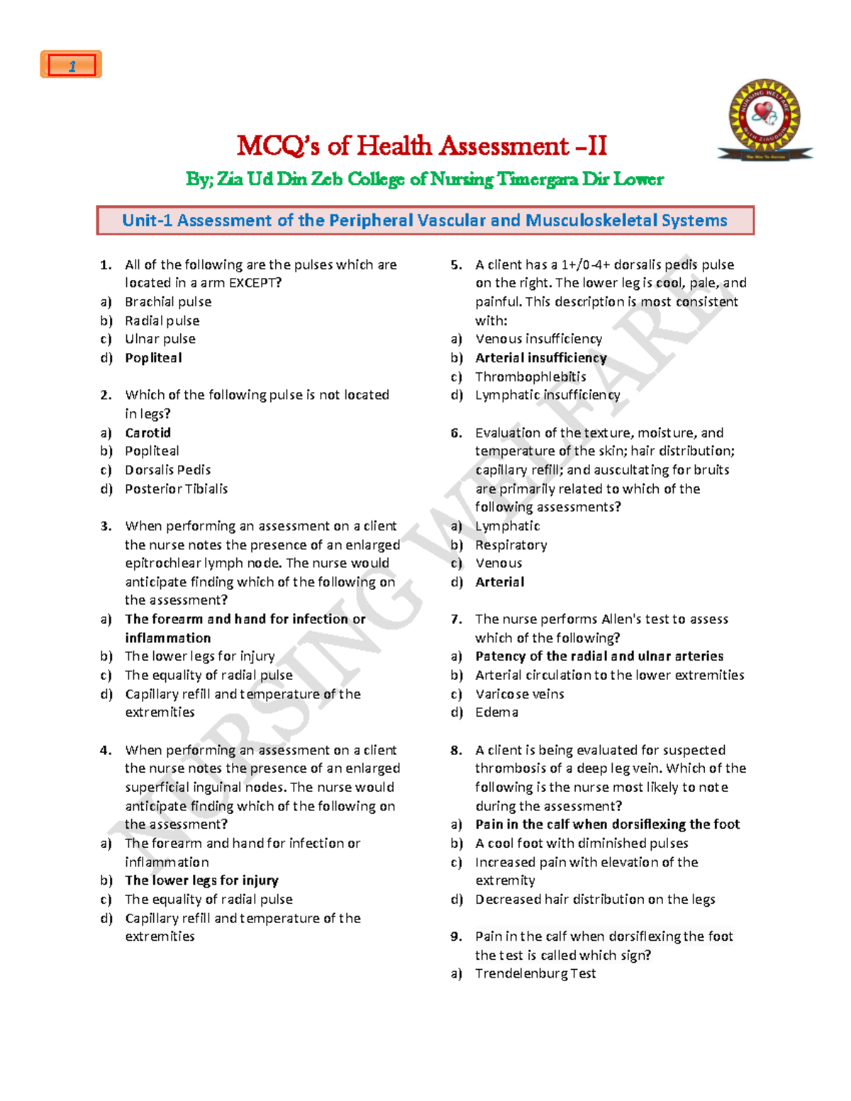 Chapter Wise MCQ's of Health Assessment-II (NUR 202) - Studocu