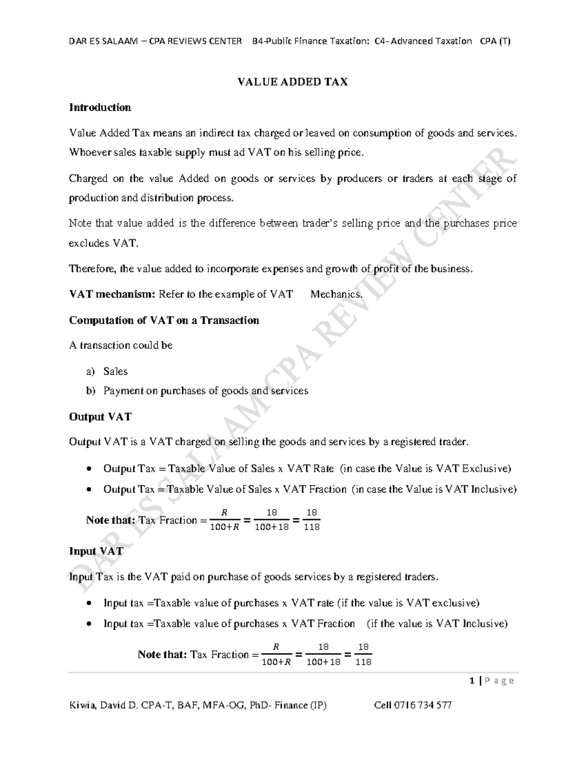 Value Added Tax (VAT) Overview - CPA (T) Advanced Taxation Notes - Studocu