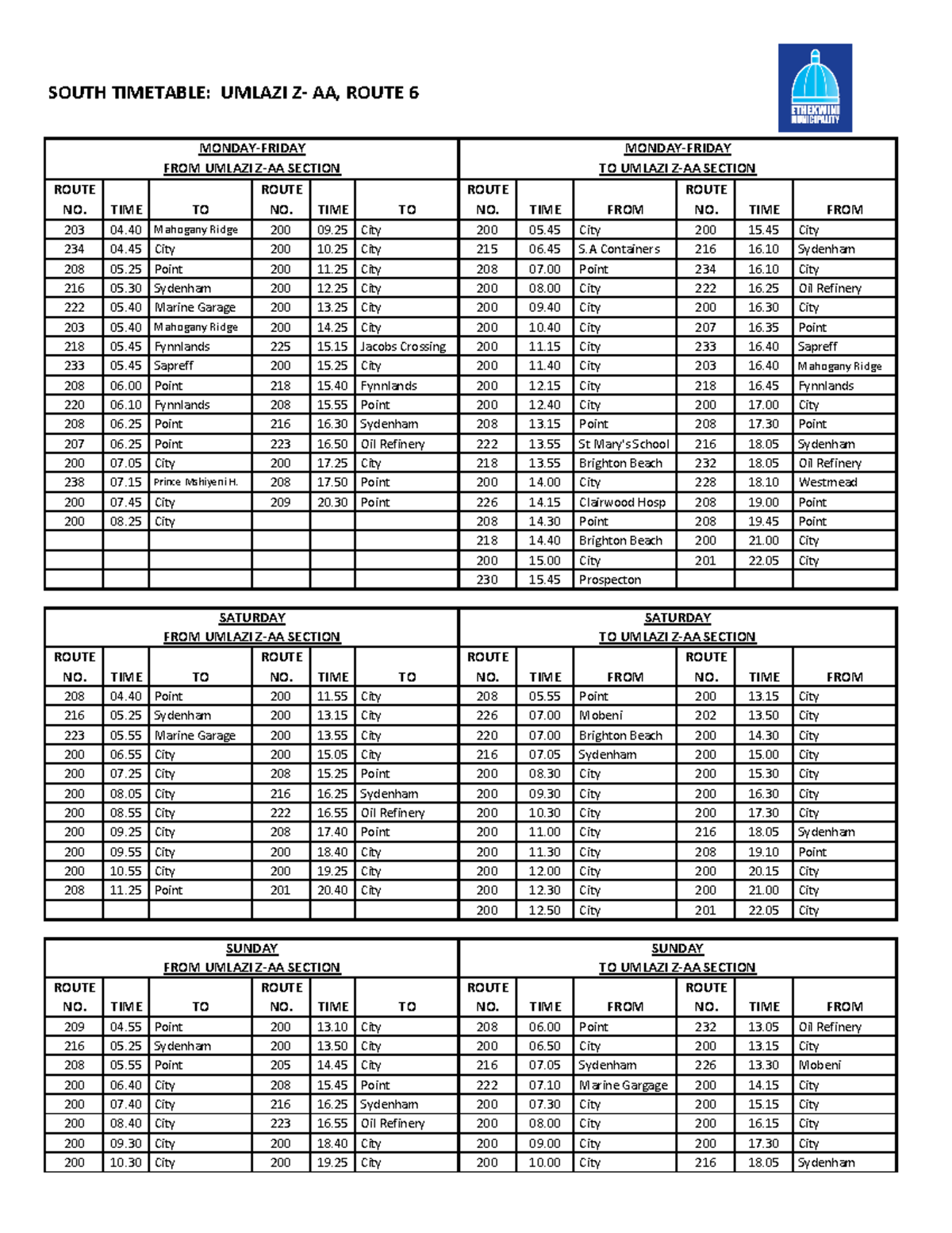 Umlazi Z-AA Route 6 Timetable: Weekday & Weekend Schedules - Studocu