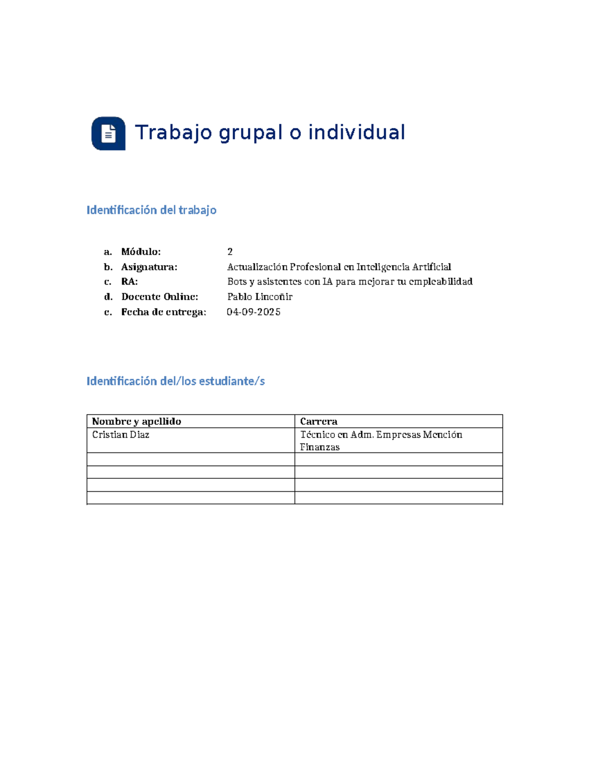 Actividad Práctica Módulo 2: IA y Bots para Empleabilidad - Cristian Diaz - Document Preview