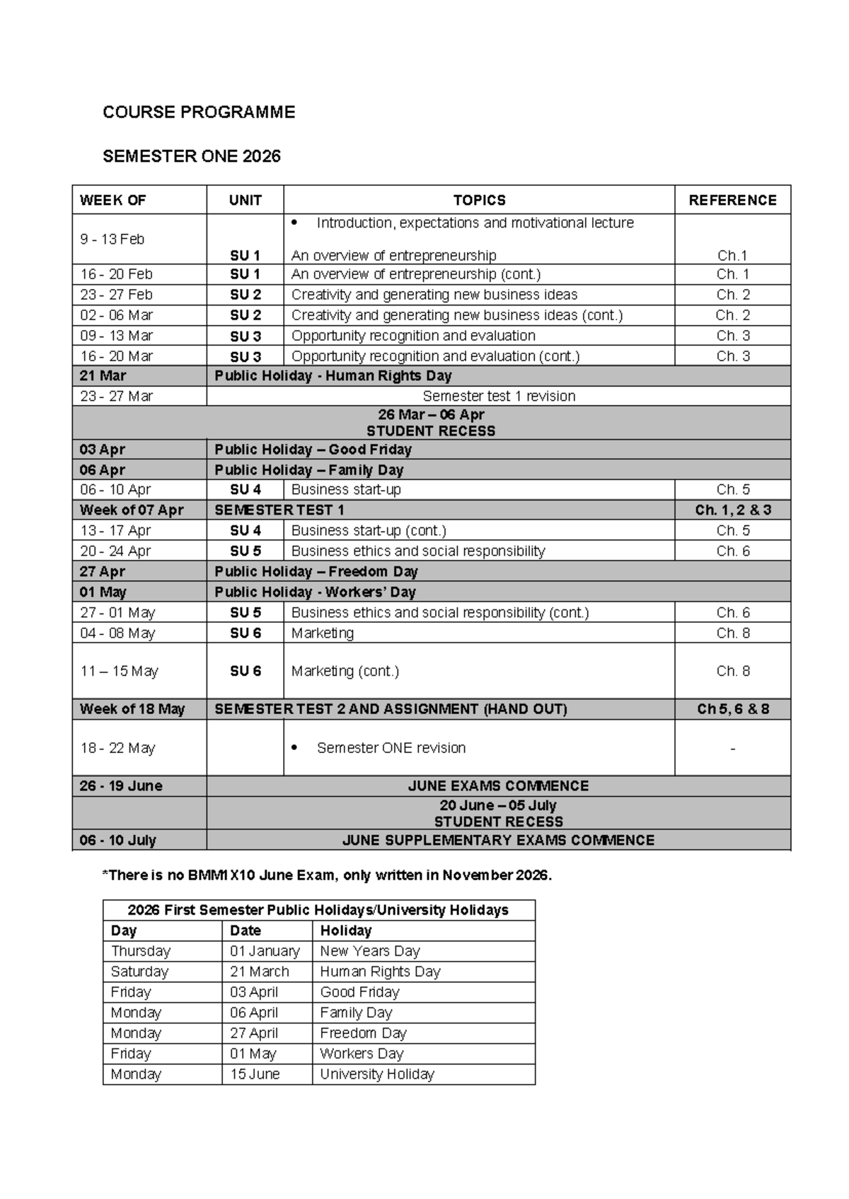 BMM1X10 Semester One Course Schedule - Weeks of Feb to May 2026 - Studocu