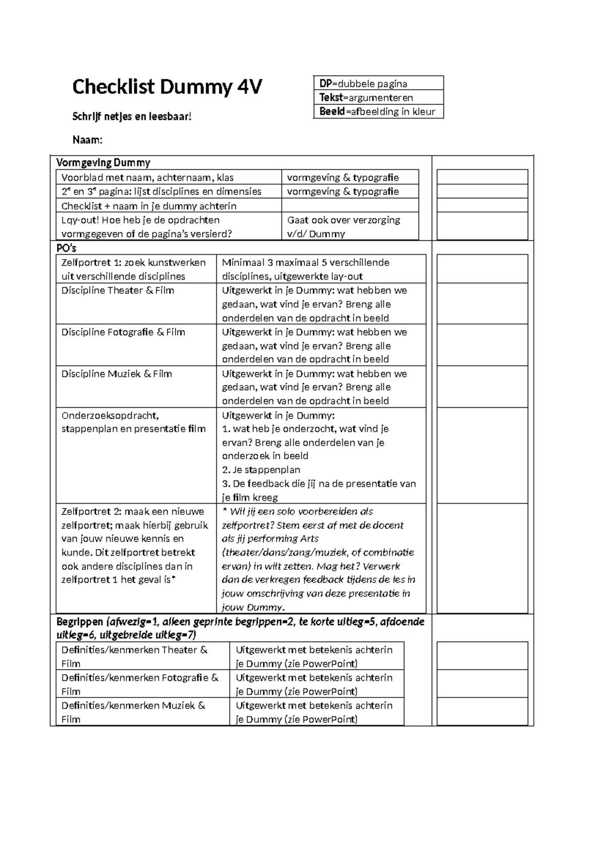 Checklist Dummy 4V: Vormgeving en Zelfportretten in Kunst Disciplines ...