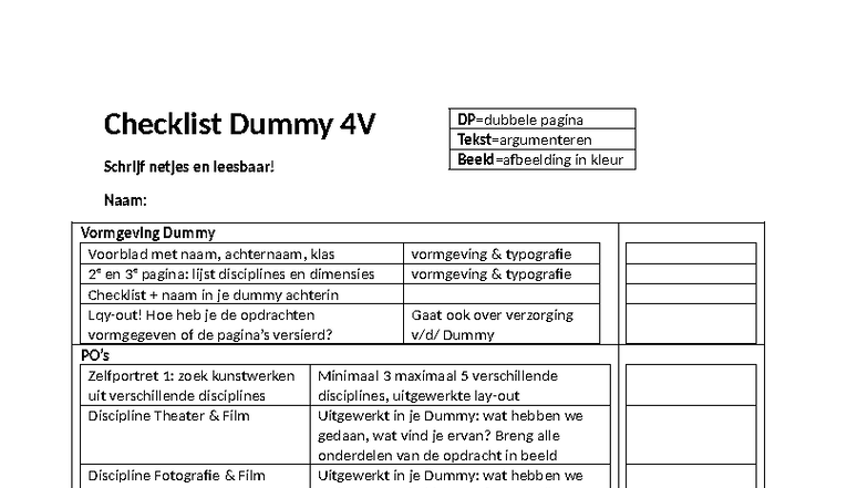 Checklist Dummy 4V: Vormgeving en Zelfportretten in Kunst Disciplines ...