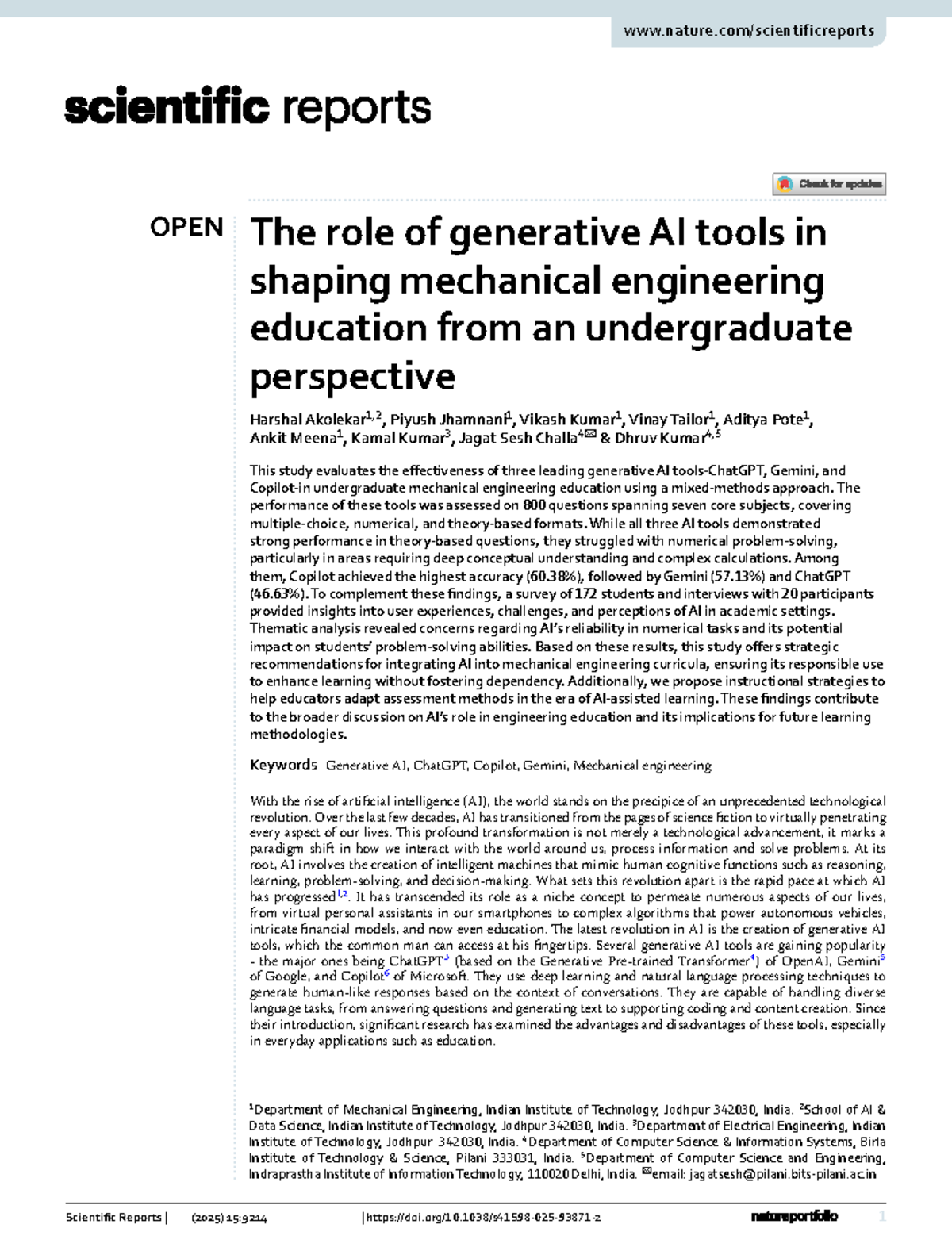 The Role of Generative AI Tools in Mechanical Engineering Education (ME ...