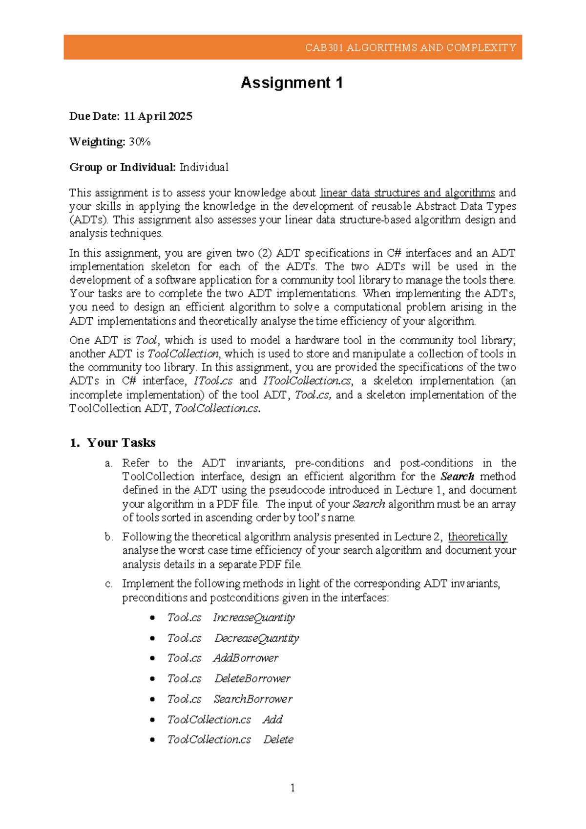 CAB301 ALGORITHMS AND COMPLEXITY Assignment 1: ADT Implementation ...