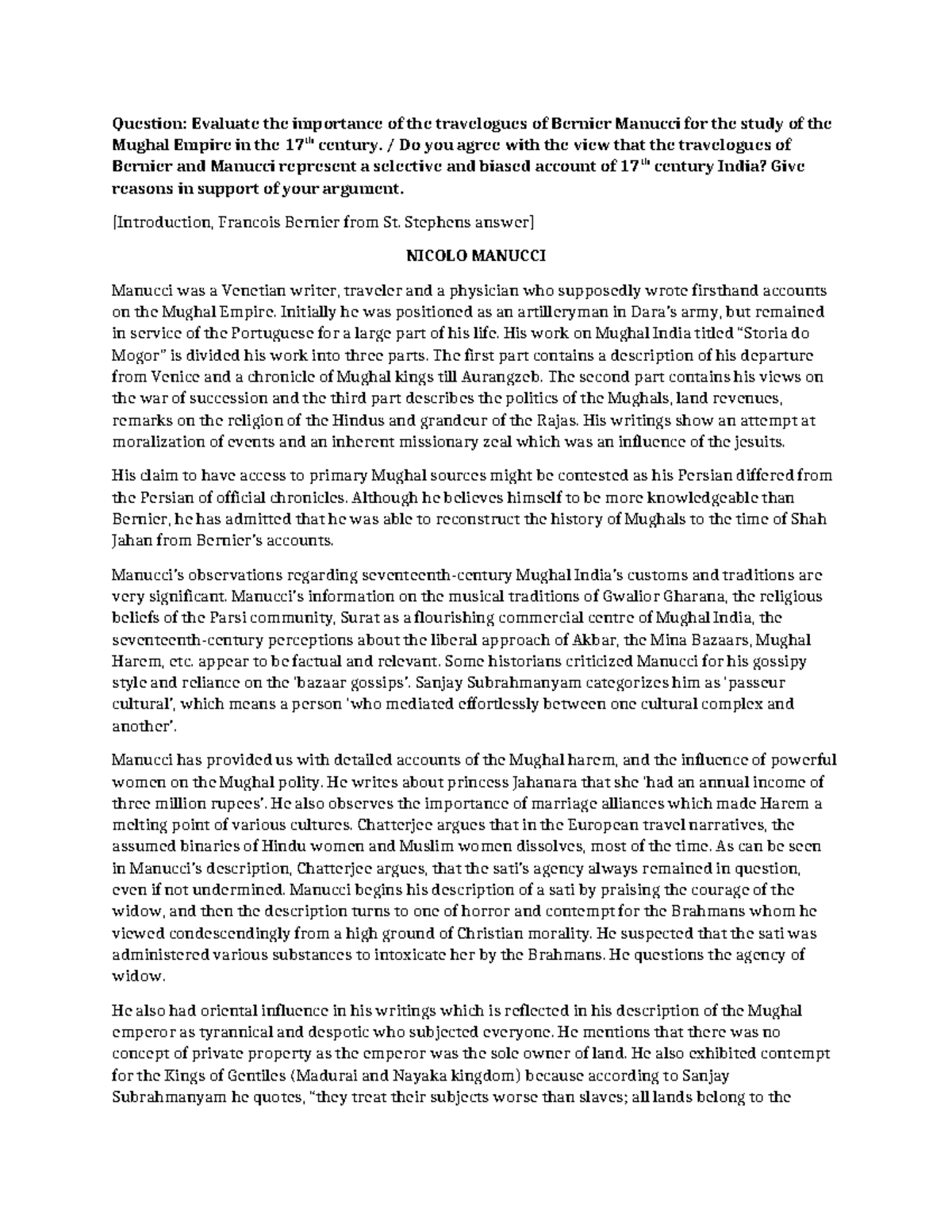 Evaluating Manucci & Bernier's Travelogues on the Mughal Empire - Studocu