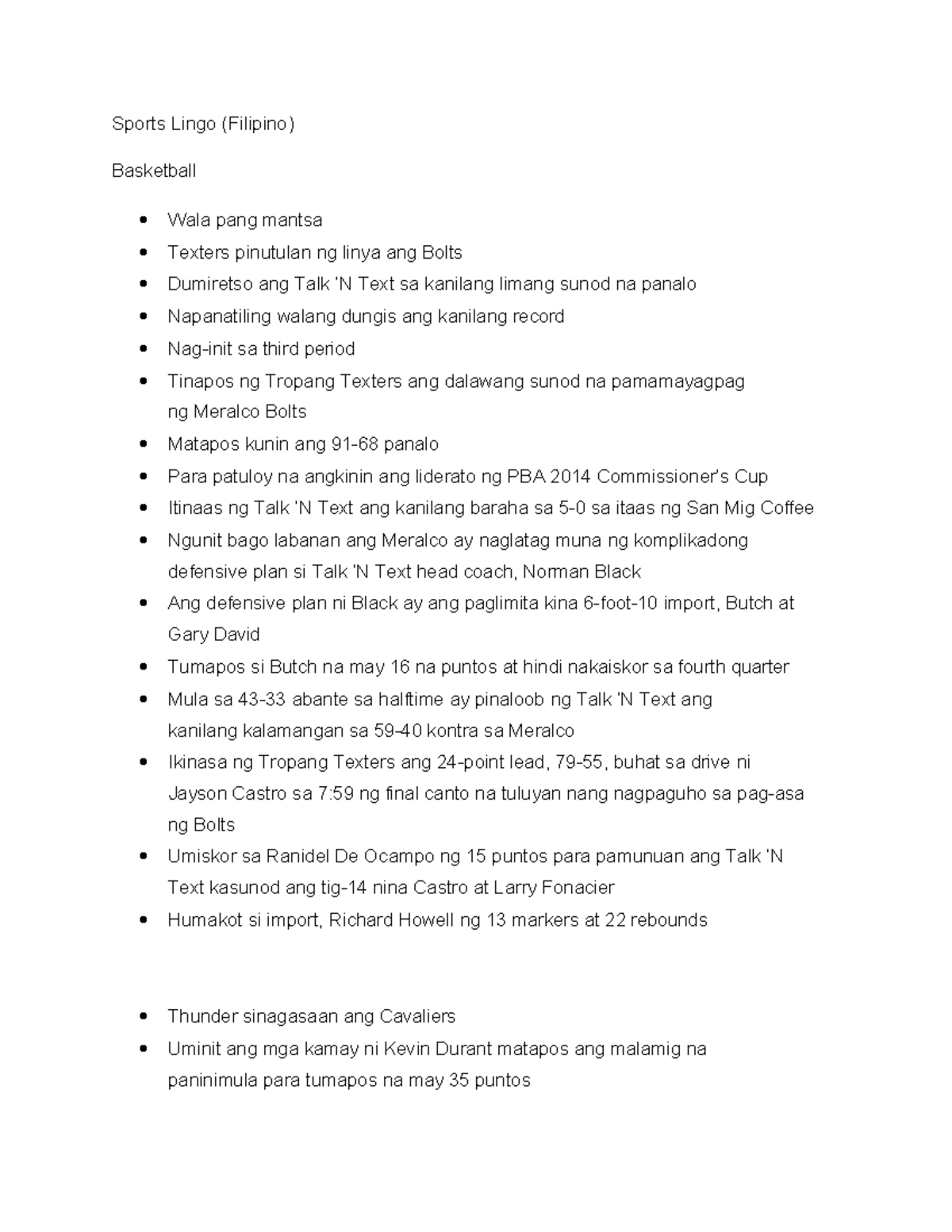 Sports Lingo in Filipino: Basketball, Tennis, and Athletics Terms - Studocu