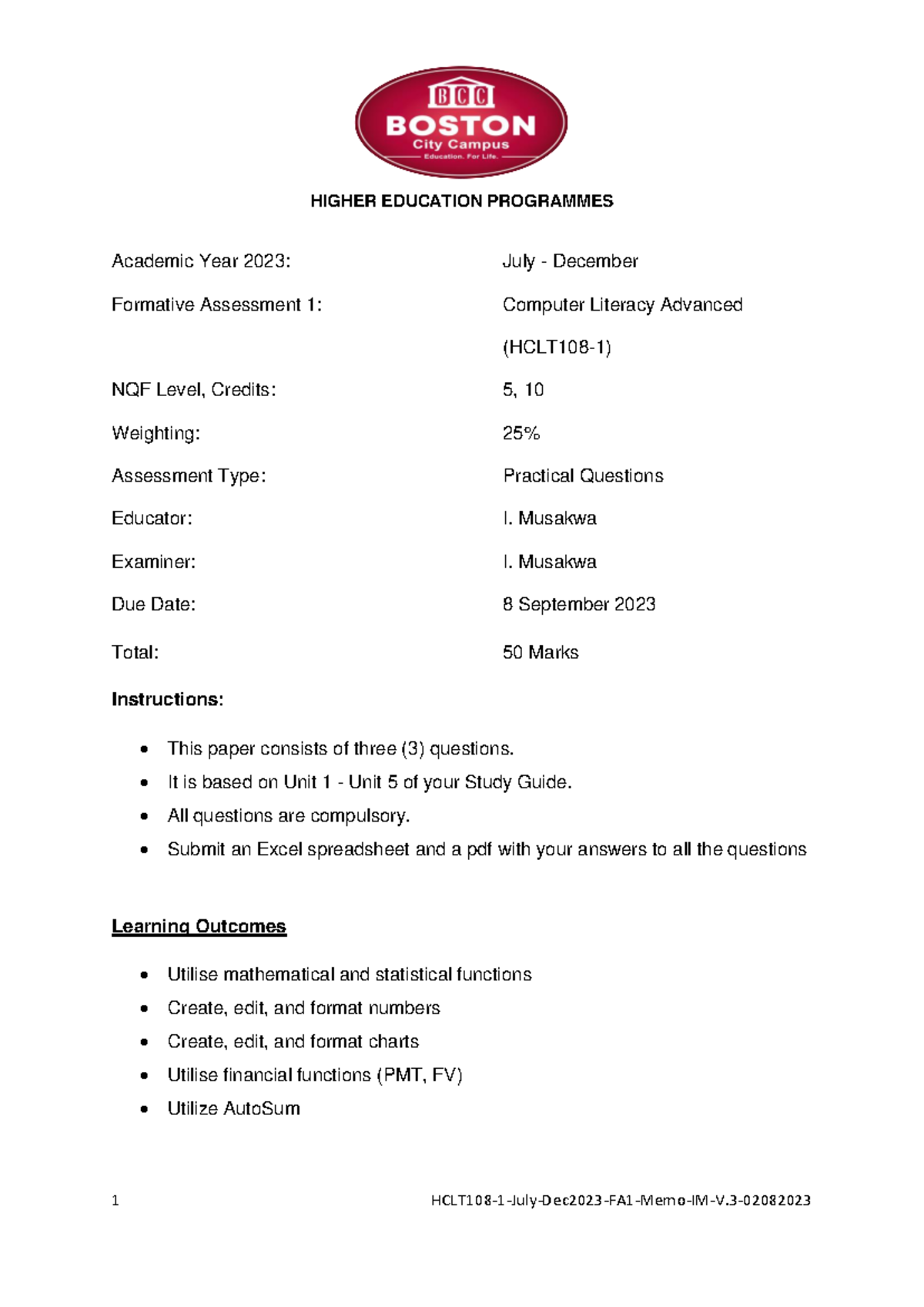 HCLT108-1-Final Assessment 1 Memo: Computer Literacy Adv, 2023 - Studocu