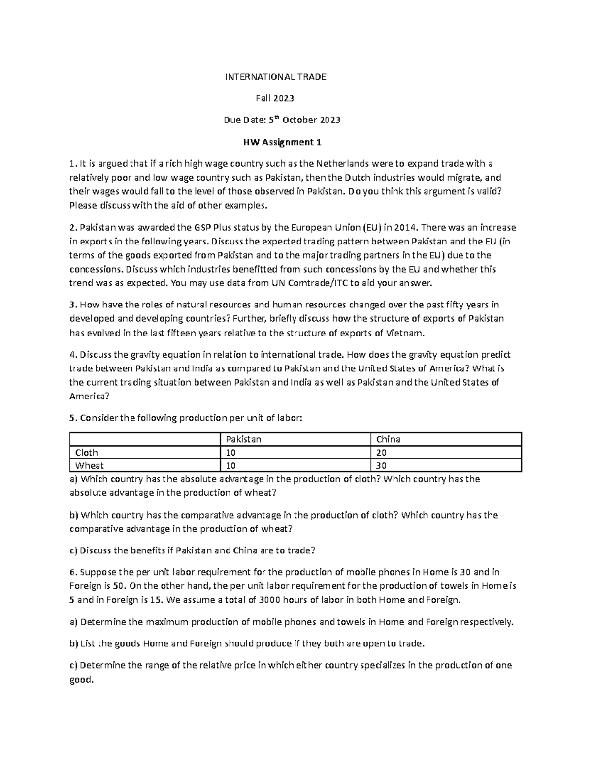 International Trade Assignment 1 - Fall 2023 Analysis and Discussion ...