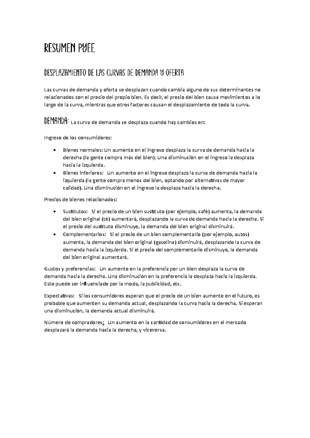 Desplazamiento de las Curvas de Demanda y Oferta en Economía - Studocu