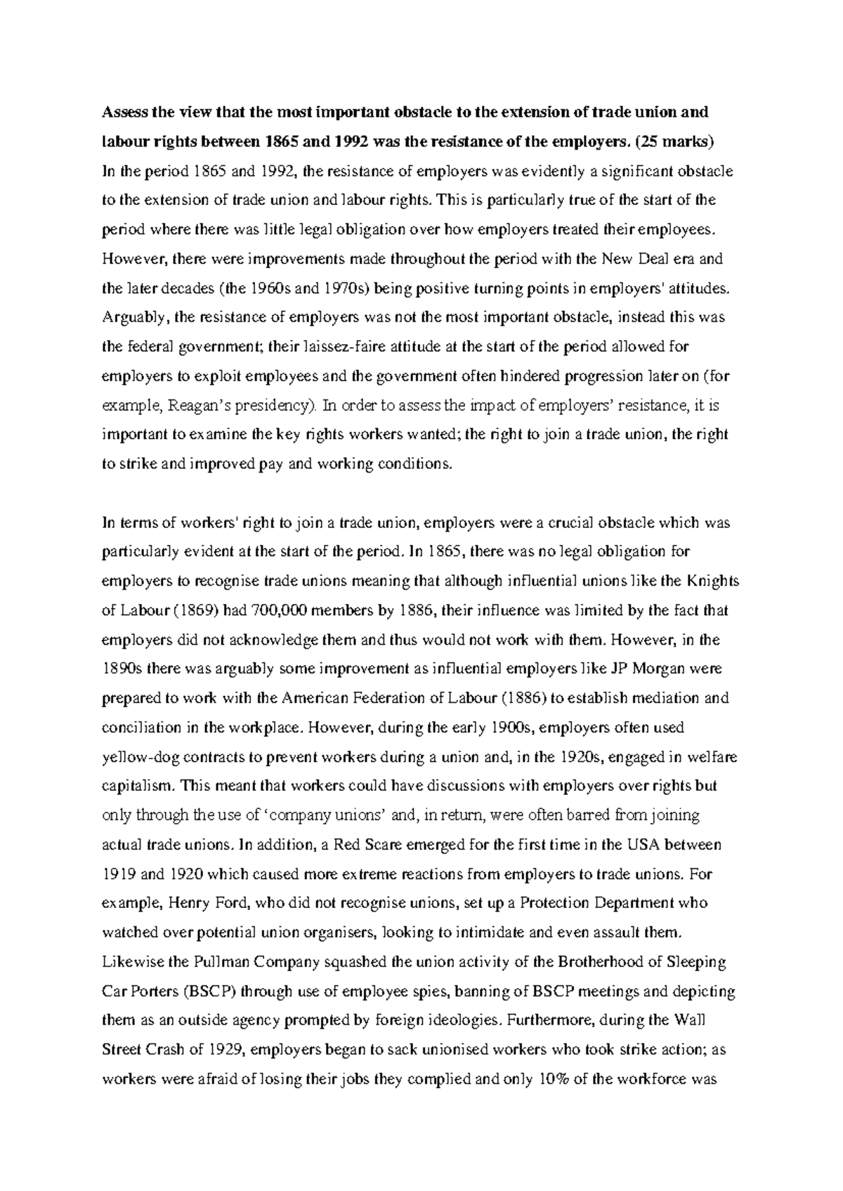 Assessing Obstacles to Trade Union & Labour Rights (1865-1992) - Studocu